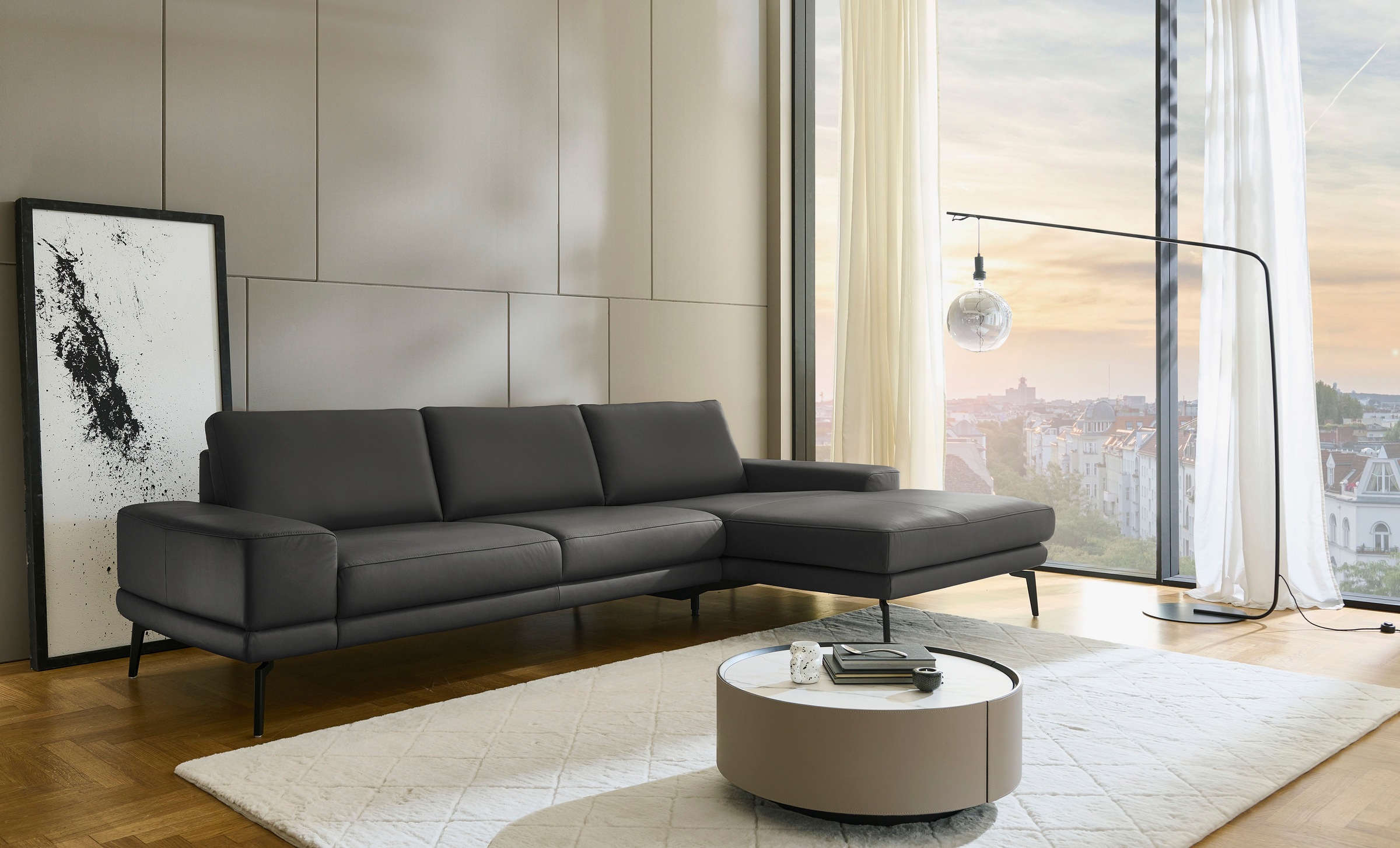 Ecksofa DIE PLANBAR "PN-EM20061, wahlweise frei im Raum stellbar", torro schwarz, B:310cm H:86cm T:180cm, Sofas, Ecksofa, wahlweise mit echt bezogenem Rücken und Sitztiefenverstellung 10