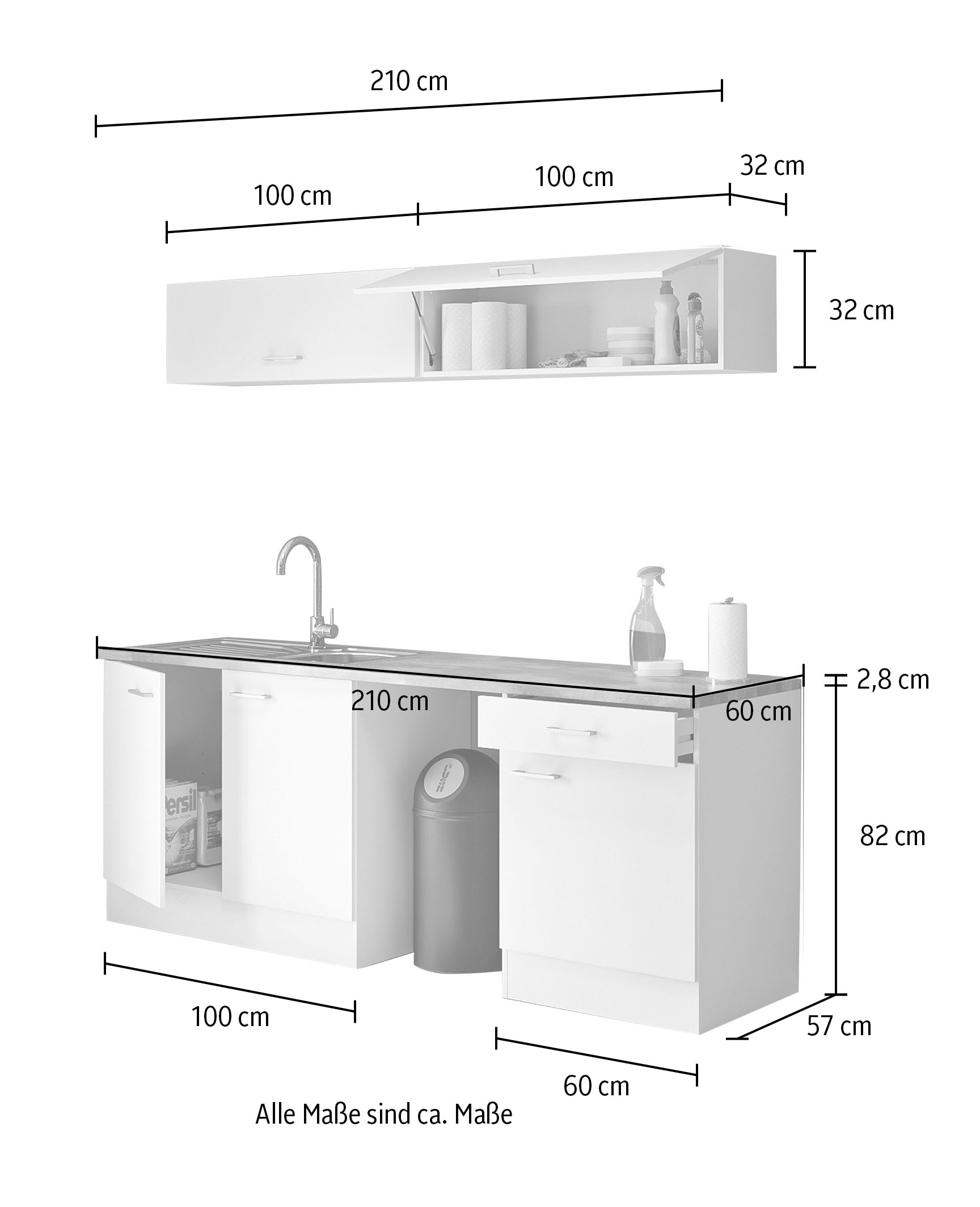 Flex-Well Mehrzweckschrank-Set »L-210-1618-000-Lucca«, (Komplett-Set), Gesamtbreite 210 cm, inkl. Einbauspüle