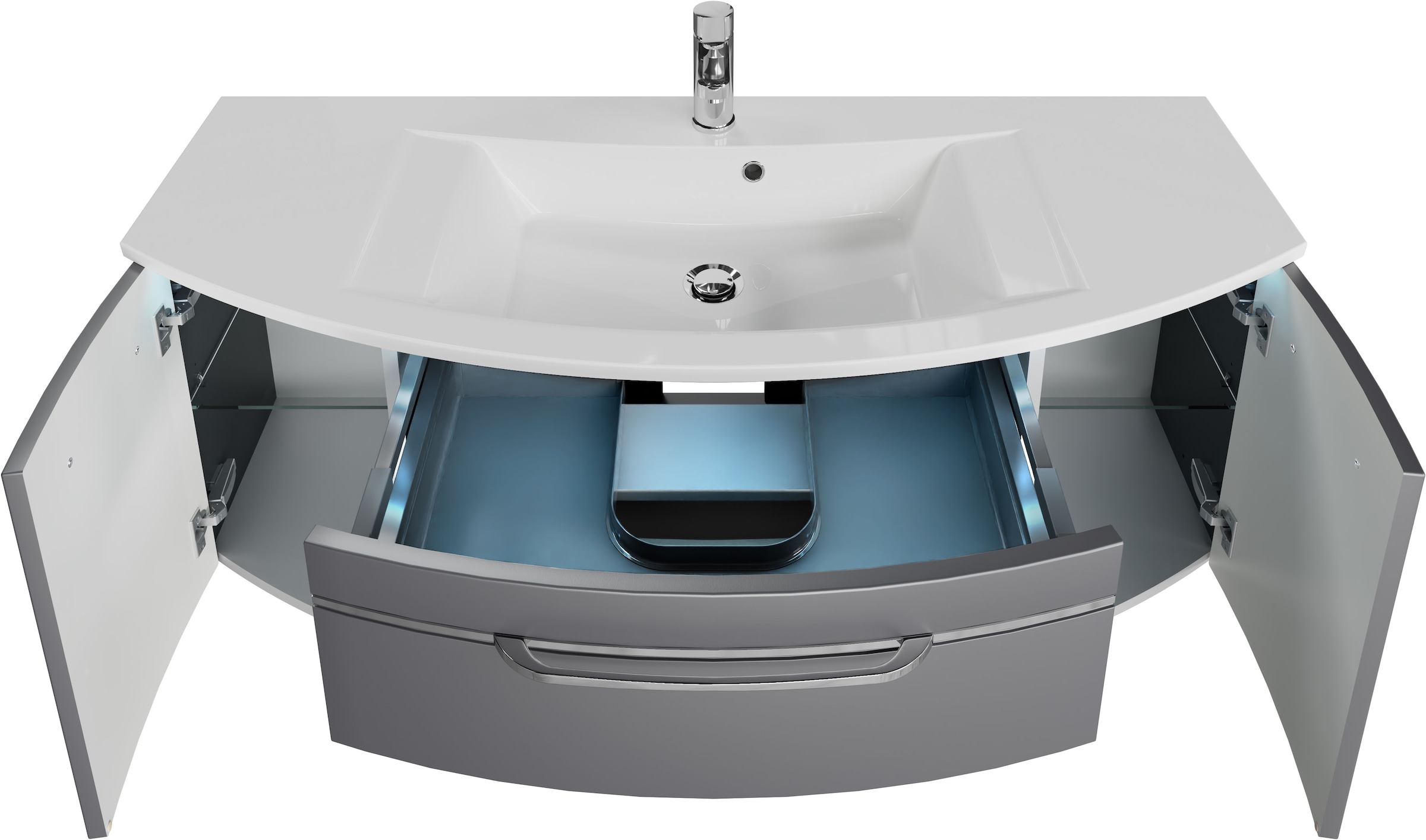 Saphir Waschtisch »Serie 7045 Mineralmarmor-Waschtisch und Unterschrank, 131 cm breit«, Waschplatz mit 2 Schubladen, 2 Türen, Badmöbel Set mit Waschtisch