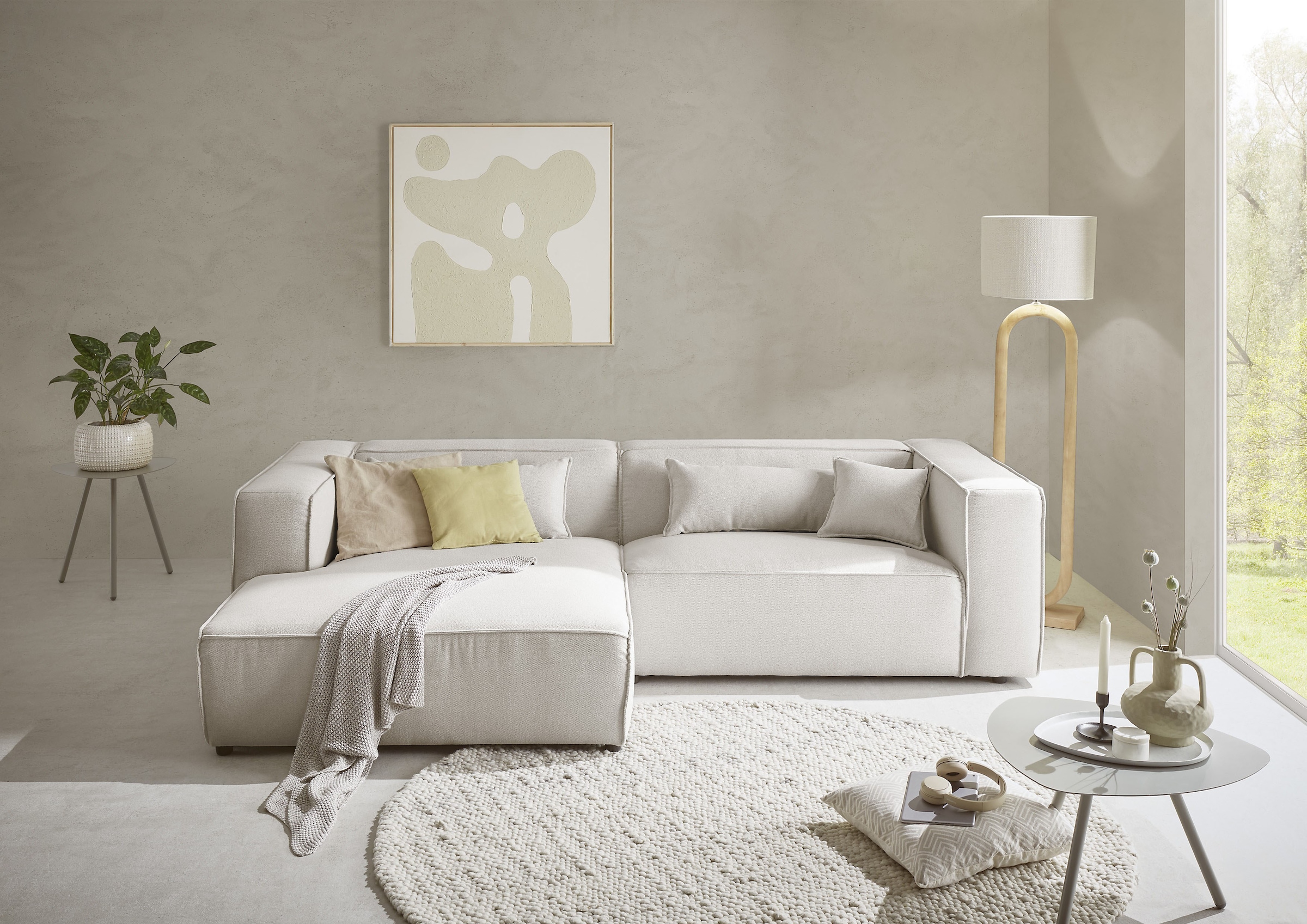 LeGer Home by Lena Gercke Ecksofa »PIARA mit Kedernaht in Cord oder Leinenoptik, moderne Couch in L-Form«, wahlweise Ottomane rechts/links, schwarze Füße, bequemer Sitzkomfort