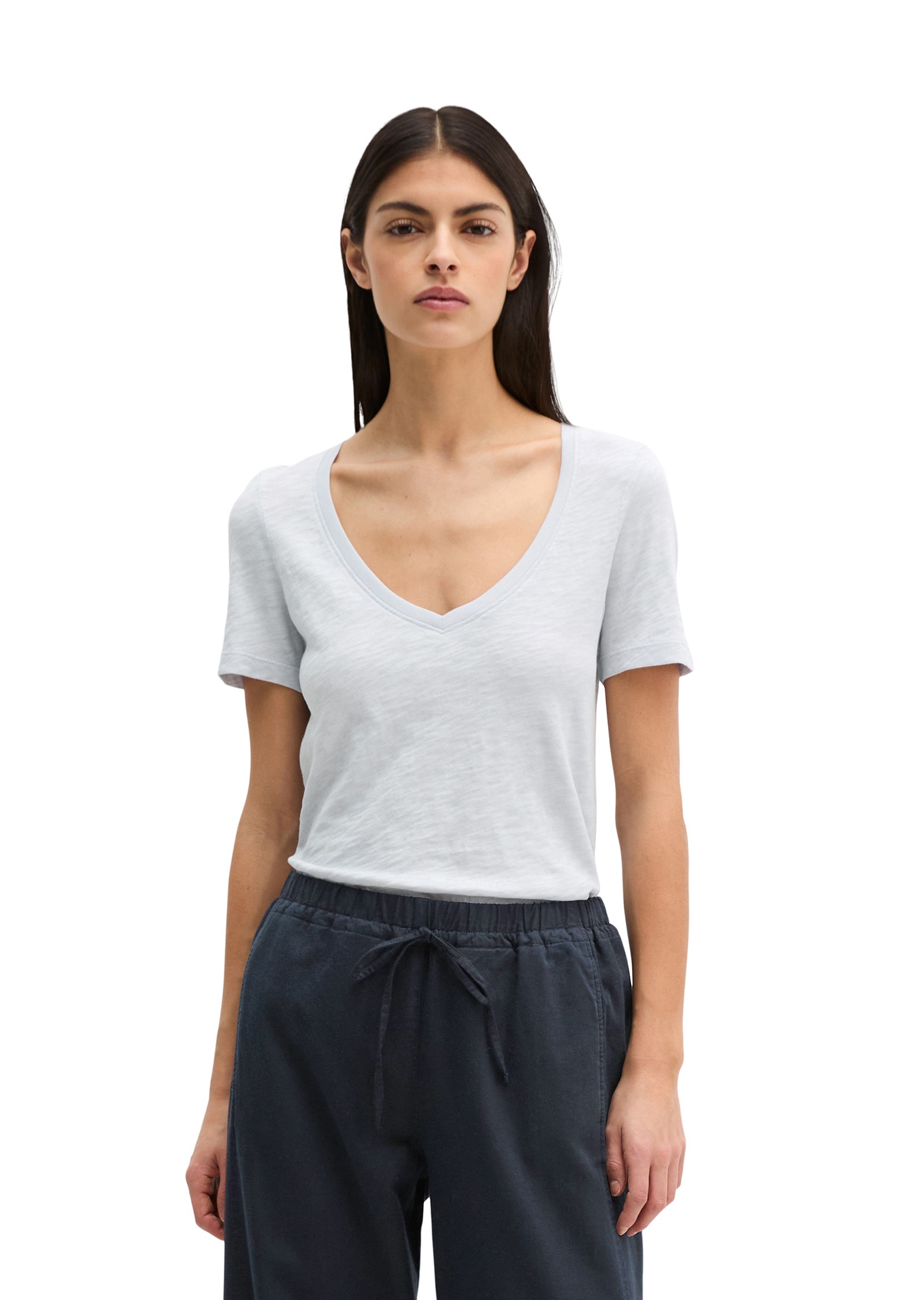 T-Shirt MARC O'POLO "aus Slub-Jersey", Damen, Gr. XL, airy blau, Obermaterial: 100% Baumwolle, unifarben, Basic, regular fit, V-Ausschnitt, normaler Saum, Shirts T-Shirt