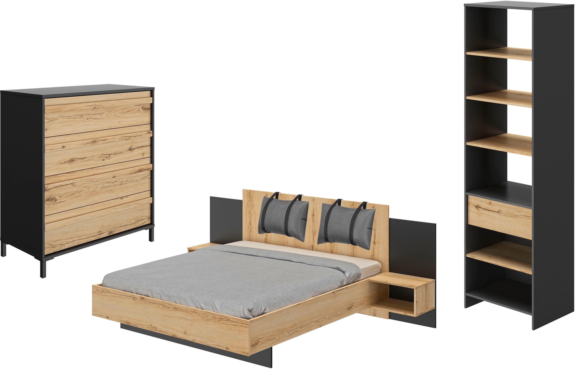 Gami Schlafzimmer-Set "Mimizan", (6 tlg., Bett, 2 Kissen und inkl. 2x Nachttische, 1x Kleiderschrank, 1x Kommode)