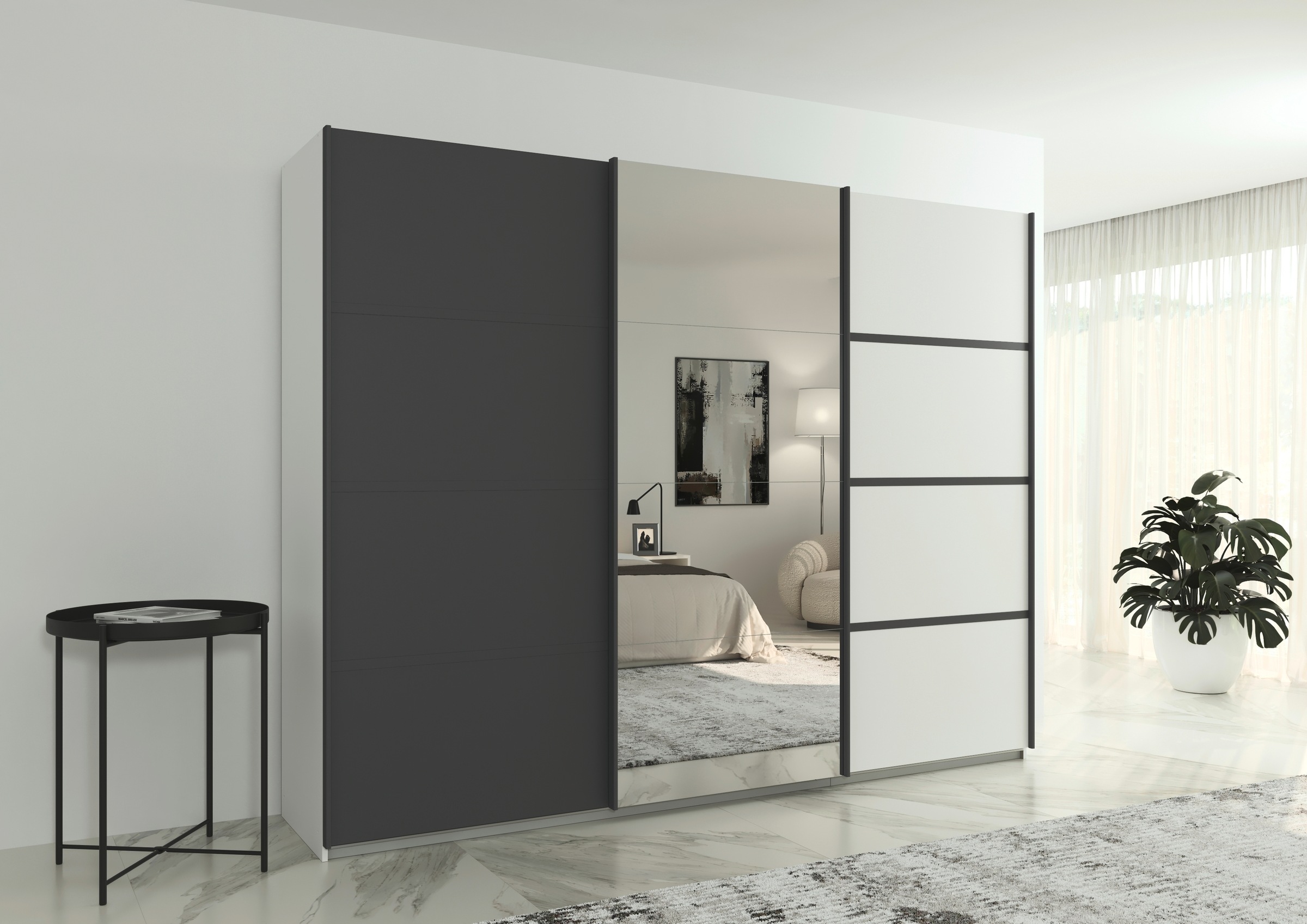 rauch Kleiderschrank »Schwebetürenschrank Garderobe Schrank TOP ANGEBOT Avola«, (in 3 verschiedenen Ausstattungen BASIC/CLASSIC/PREMIUM inkl. Spiegel), mit eleganten Zierleisten in Chrom, Schwarz oder Weiß MADE IN GERMANY
