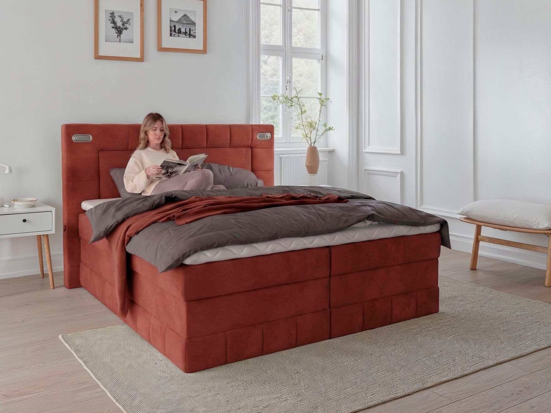 OTTO home Boxbett "PHILIPPA, Polsterbett mit Bettkasten, mit Taschenfederkernmatratze H3" mit Kaltschaum-Topper, Microfaser-Bezug, wahlweise mit LED-Beleuchtung