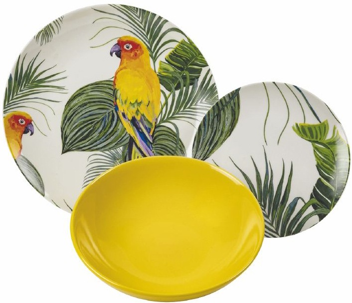 Villa d'Este Tafelservice »Geschirr-Set, Service Parrot Jungle«, (Set, 18 tlg.), Speiseteller, Suppenteller, Dessertteller, 18 Teile, für 6 Personen