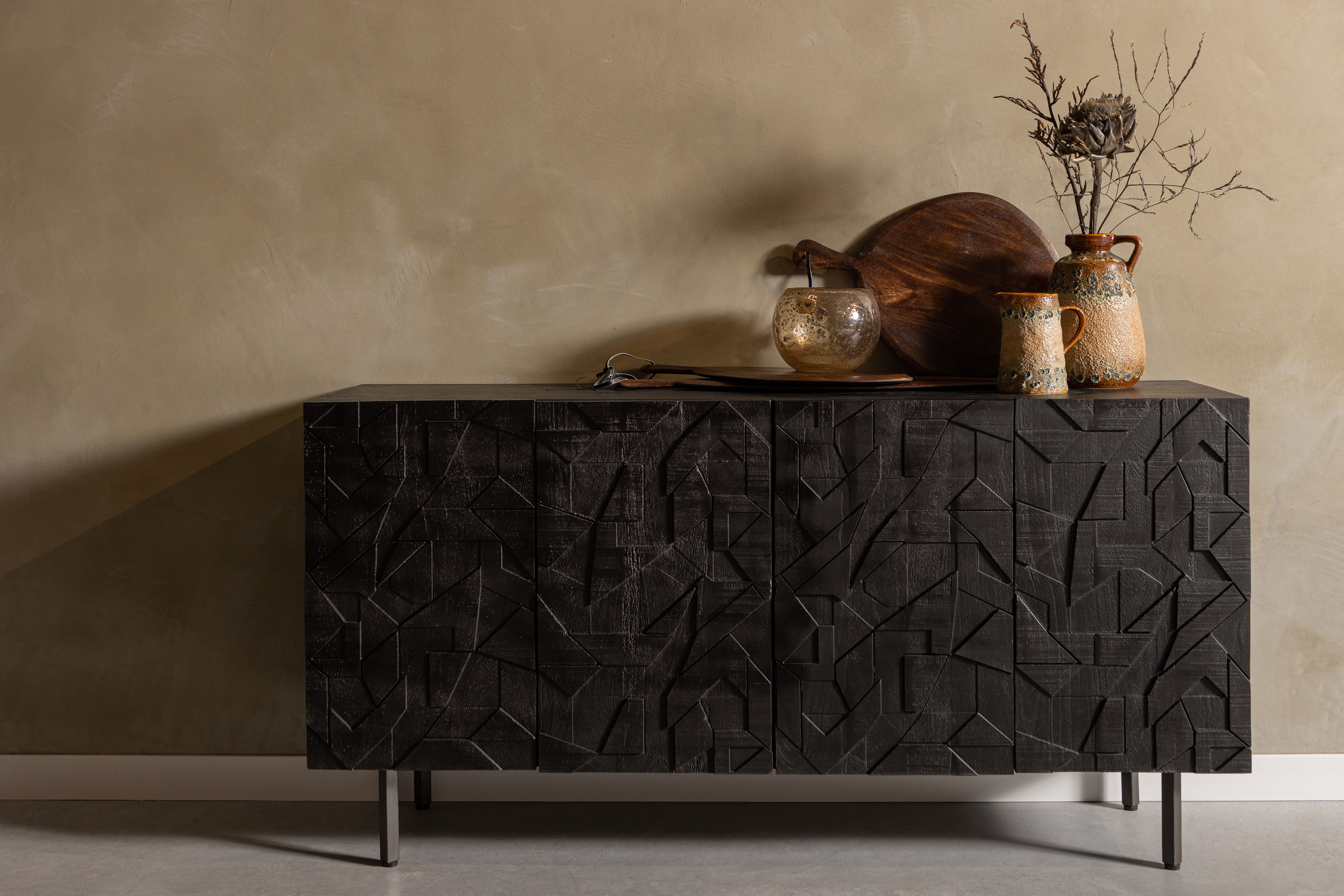 WOOOD Sideboard "Counter mit Massivmangoholz und gefrästen Türen B 160 x T 40 x H 83 cm" Tragkraft 10 kg pro Einlegeboden, Dämpfung Funktion