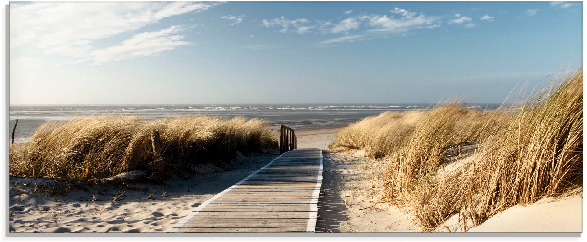 Glasbild ARTLAND "Nordseestrand auf Langeoog - Steg", beige (farbe bild(er): naturfarben), B:125cm H:50cm, Bilder, in verschiedenen Größen