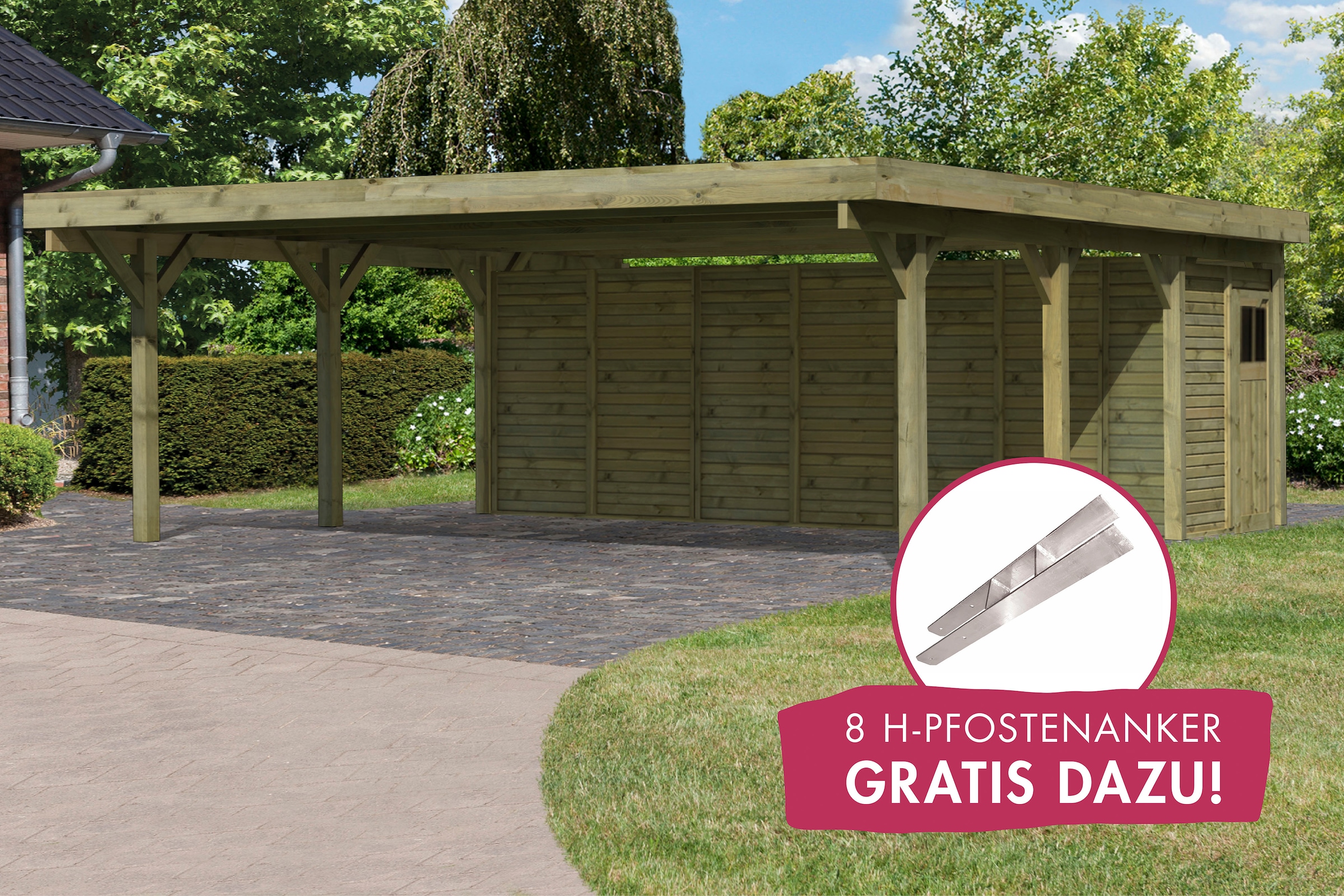 Karibu Doppelcarport "Classic 2", Holz, 540 cm, braun, mit Geräteraum