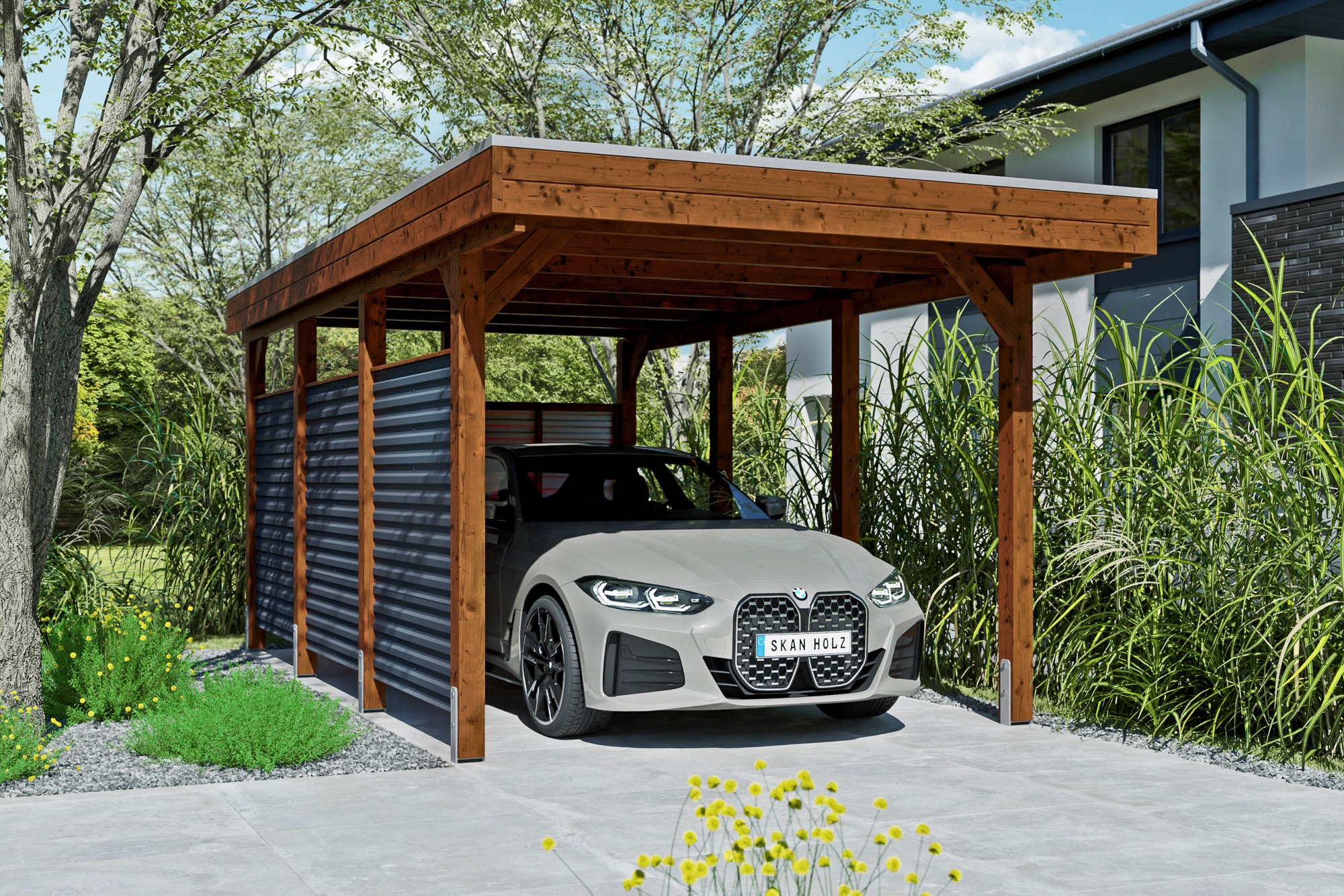 Skanholz Einzelcarport "Friesland Set 11" Massivholz 270 cm Nussbaum