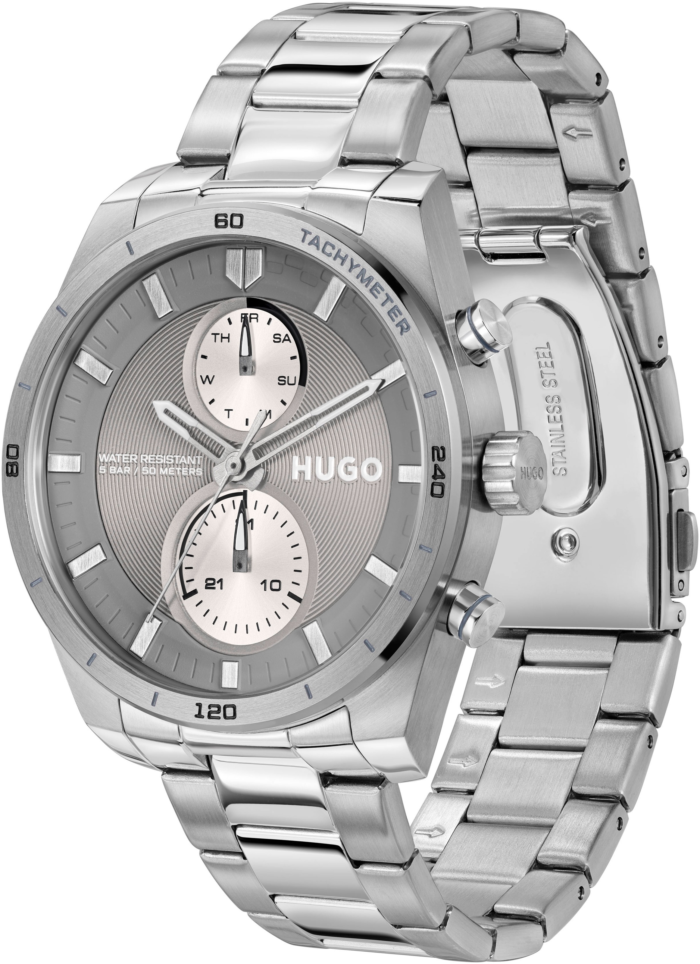 HUGO Multifunktionsuhr »#FAST«, Armbanduhr, Quarzuhr, Herrenuhr, Datum, Edelstahlarmband