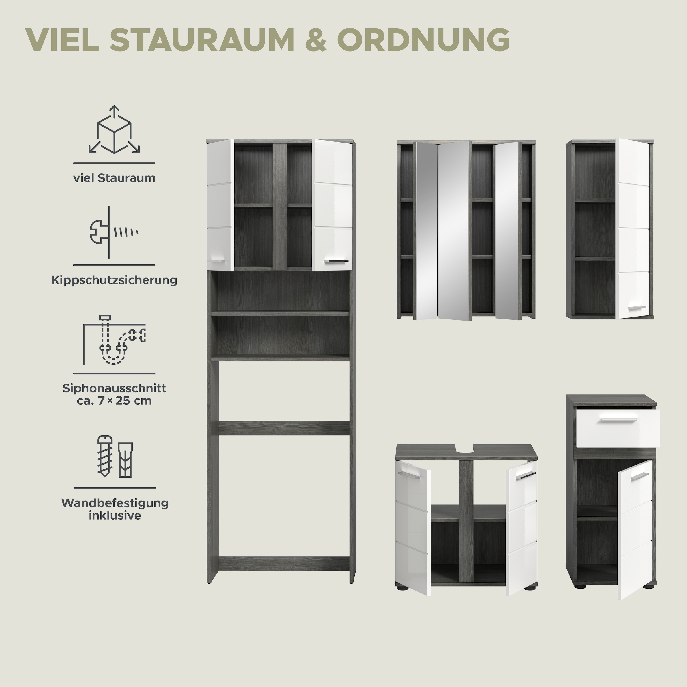 welltime Badmöbel-Set »LUCCA, 5-tlg. Badkombination, viel Stauraum, modernes Design« 5 Stk. tlg.