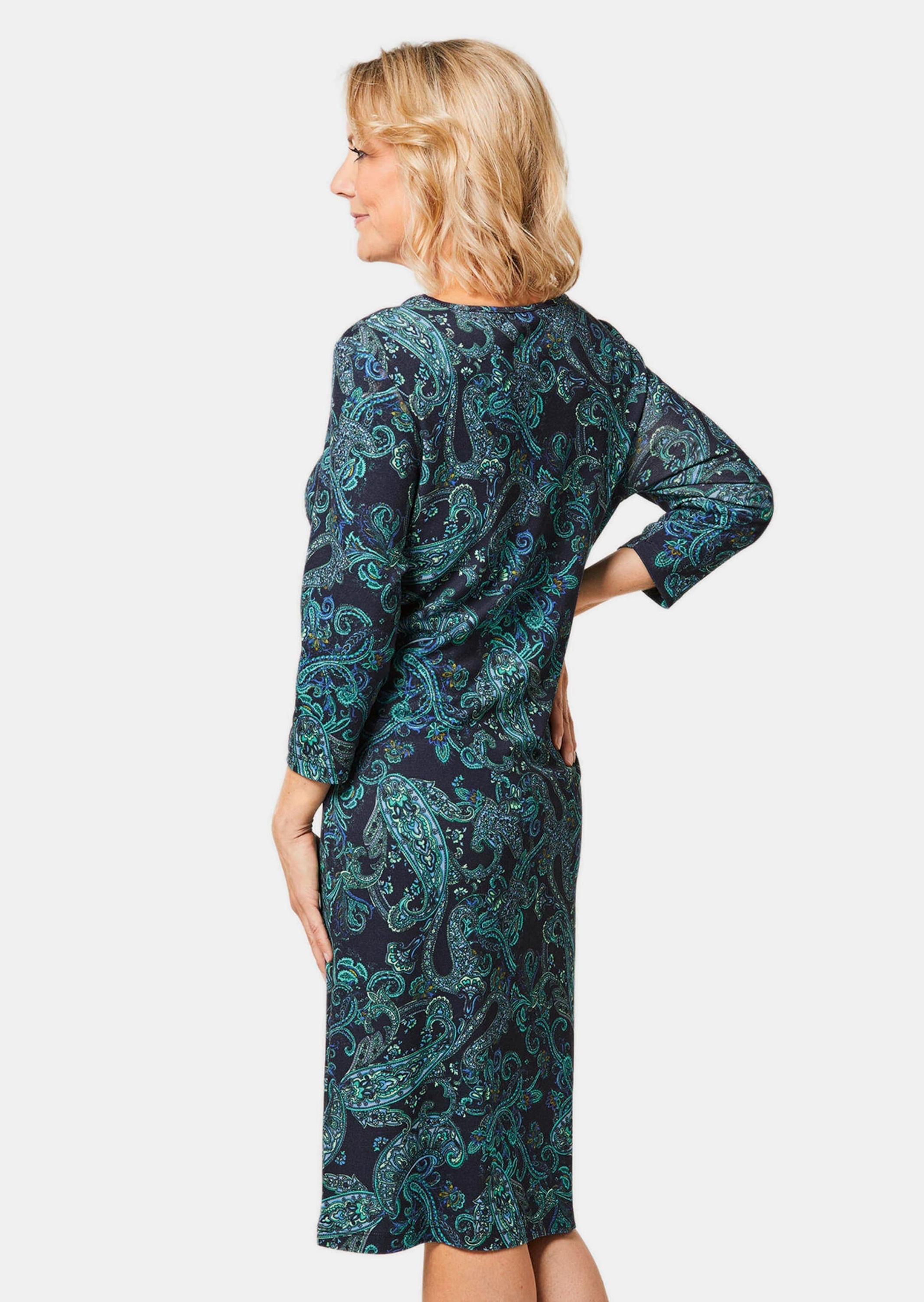 Jerseykleid GOLDNER "Elastisches Jerseykleid mit modischem Druck", Damen, Gr. 40, N-Gr, blau (marine, petrol, gemustert), Obermaterial: 85% Viskose CV. 13% Polyamid PA. 2% Elasthan EL., figurumspielend, Tubular, Kleider Jerseykleid, Farbbrillanter Paisley 3