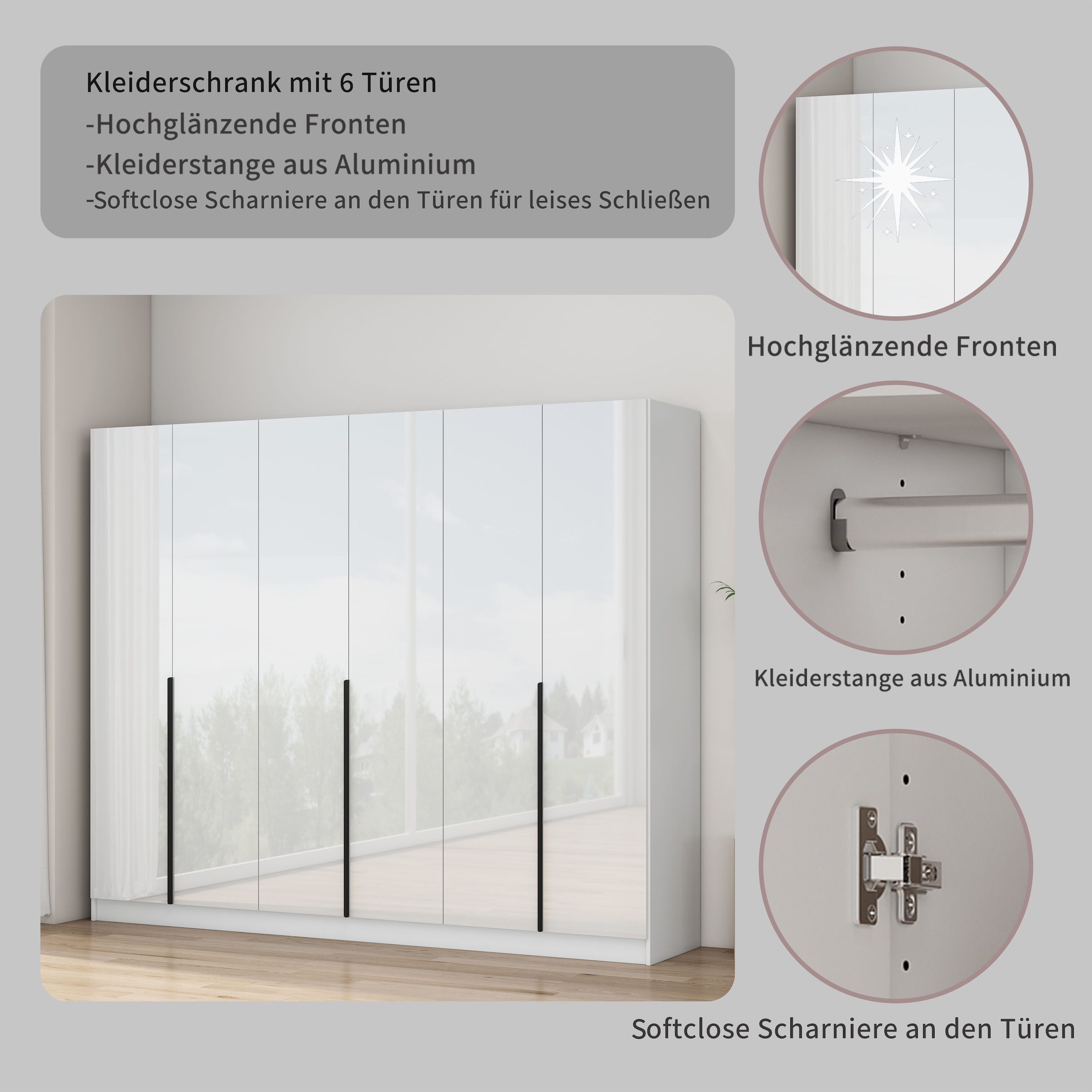 OTTO home Kleiderschrank »Annor Schlafzimmerschrank Breite 242cm hochglanz Schrank Garderobe« Drehtürenschrank mit perfekter Innenausstattung - elegante Türgriffe
