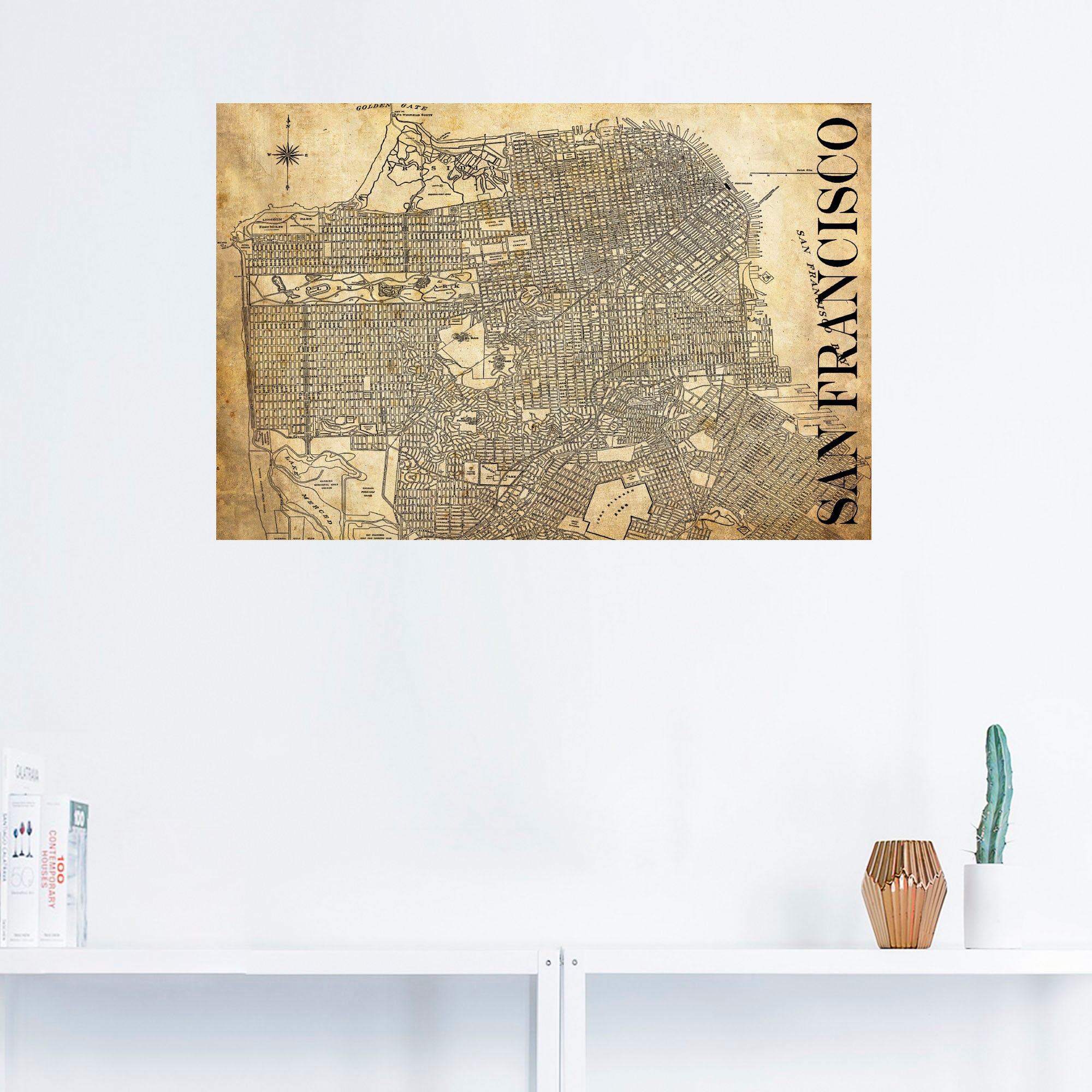 Artland Wandbild »San Francisco Karte Straßen Karte Sepia«, Amerika, (1 St.), als Alubild, Leinwandbild, Wandaufkleber oder Poster in versch. Größen