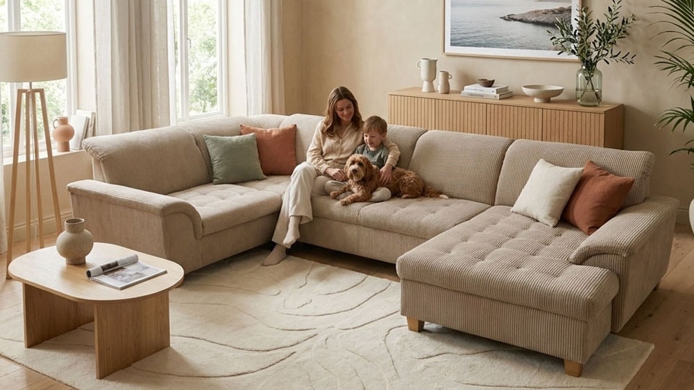 OTTO home Wohnlandschaft "Eggery 352 x 214 cm, auch mit Schlaffunktion & Bettkasten, Holzfüße" Kopfteile verstellbar, U-Form, aus Pet Friendly Cord
