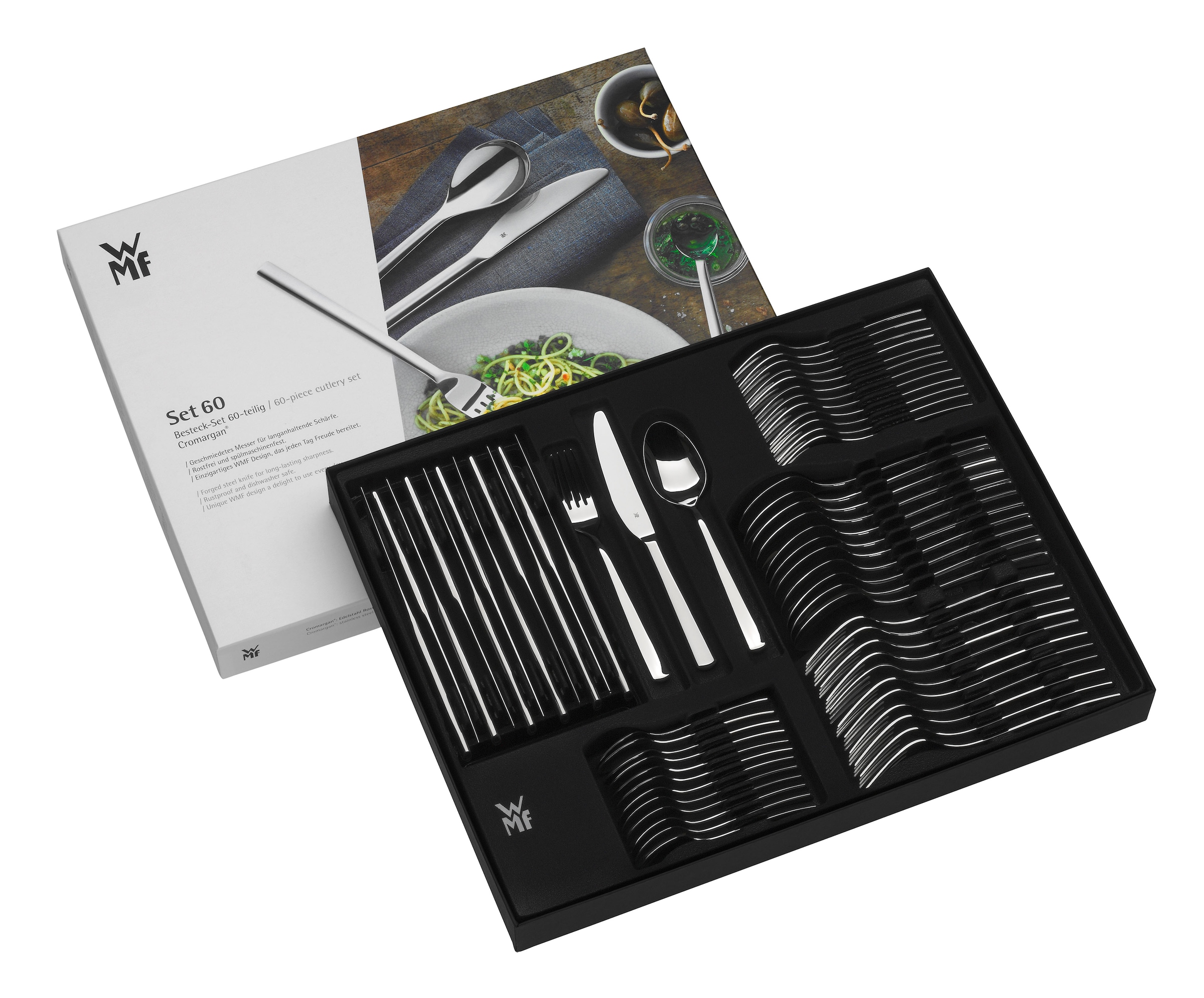 WMF Besteck-Set »Palermo«, (Set, 60 tlg.), Monobloc-Messer, ergonomisch, geschmiedete Messer, Wellenschliff
