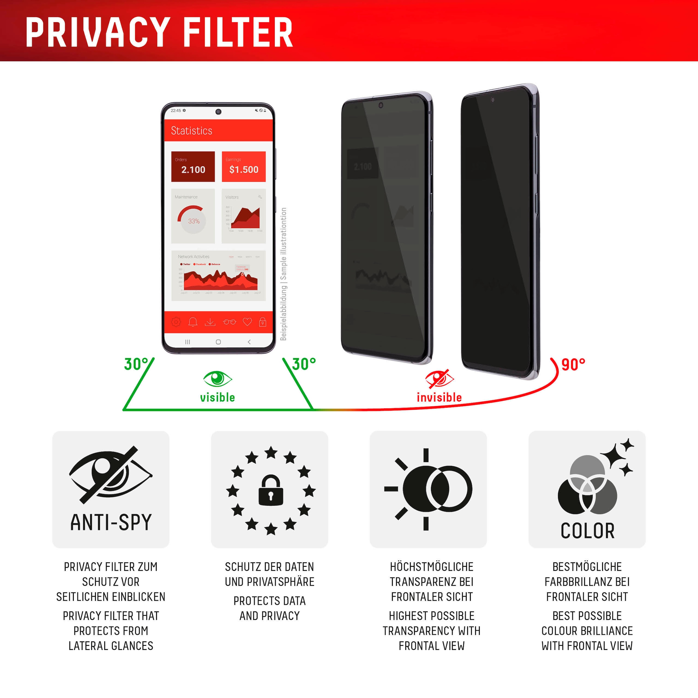 Displex Displayschutzglas »Privacy Glass«, für Samsung Galaxy S24-Samsung Galaxy S25, Blickschutz Displayschutzfolie Displayschutz kratzer-resistent 10H