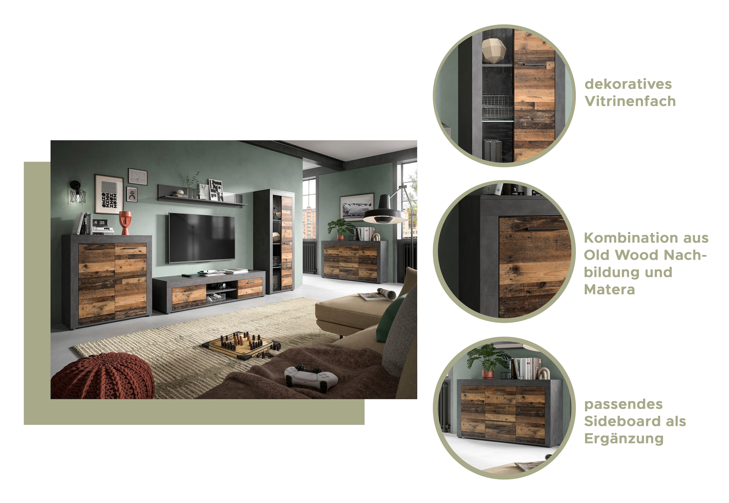 INOSIGN Wohnwand »Aosta, 4-tlg., best. aus: Highboard, Lowboard, Wandboard & Vitrine«, (4 St.), Wohnwand, Kombination, Anbauwand, Möbel Set, Schrankwand, Möbel Kombi