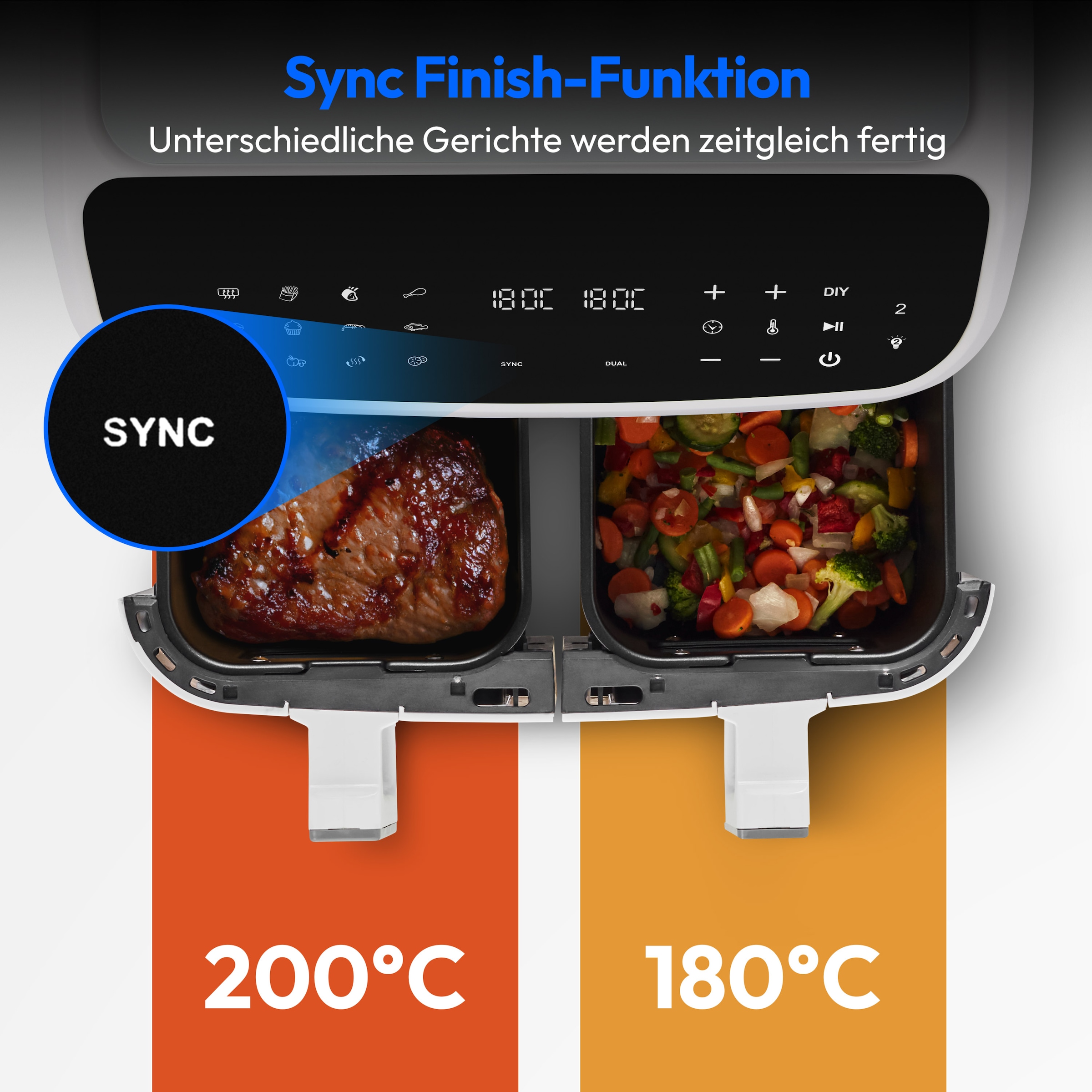 Medion® Heißluftfritteuse »MD 11760 P20XXL Twin«, 2400 W, Temperatur 50 - 200 °C, ILAG Beschichtung, Sync-Finish