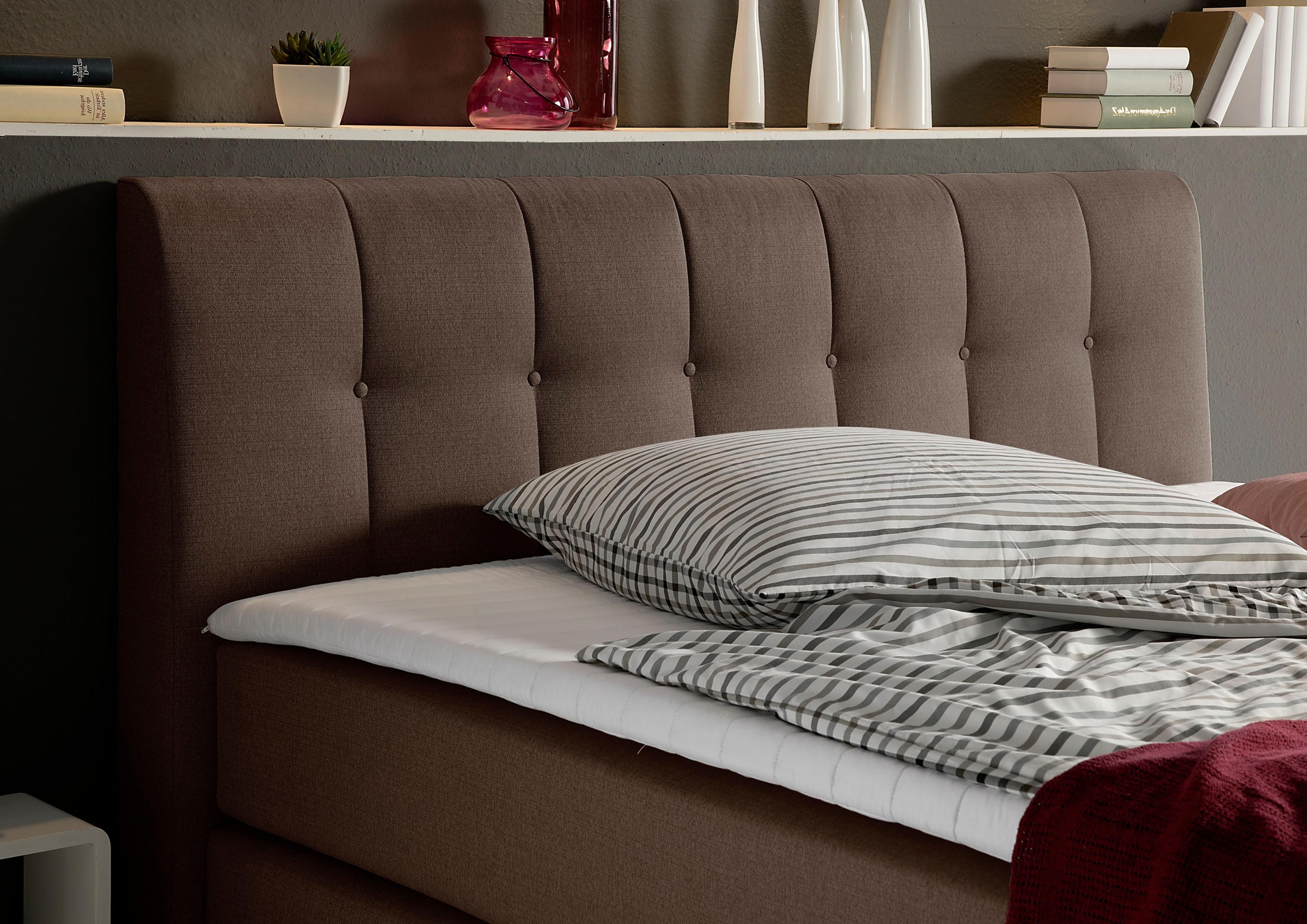Boxspringbett HOME AFFAIRE "Cafone", braun, B:164cm L:211cm, Bezug der Spiegelfläche Matratzendrell aus 100% Polyester;feiner Strukturstoff-Bezug (100% Polyester), Komplettbetten, Boxspringbett, inkl. Topper, 5 Breiten, 3 Matratzenarten und 3 Härtegraden  9
