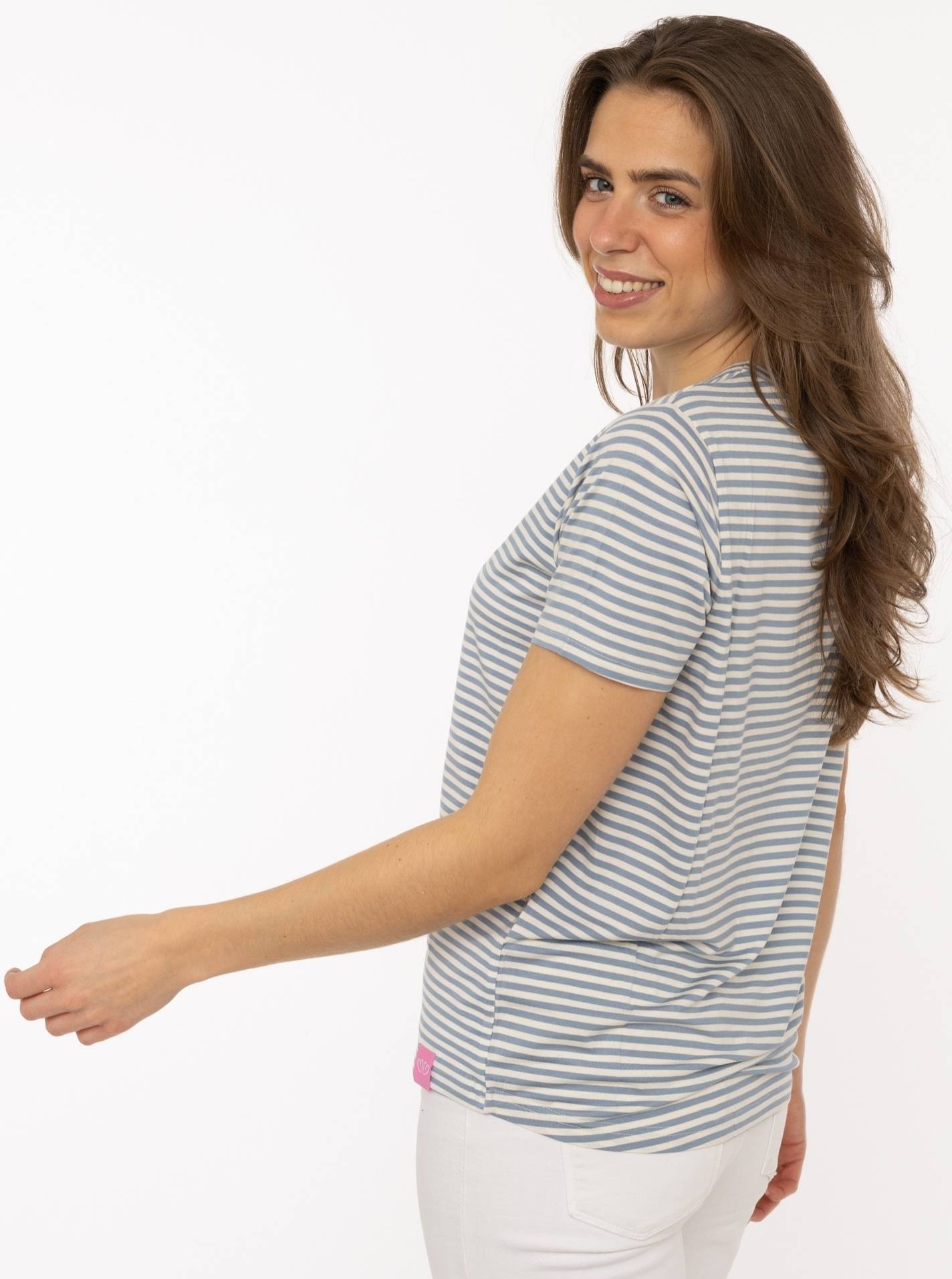T-Shirt ZWILLINGSHERZ "Positive Vibes", Damen, Gr. L, jeansblau, Web, Obermaterial: 95% Viskose, 5% Elasthan, bestickt, geringelt, bequem hüftbedeckend, Rundhals, gerader Abschluss, Shirts T-Shirt, gestickter Statement Schriftzug, Rundhals 2