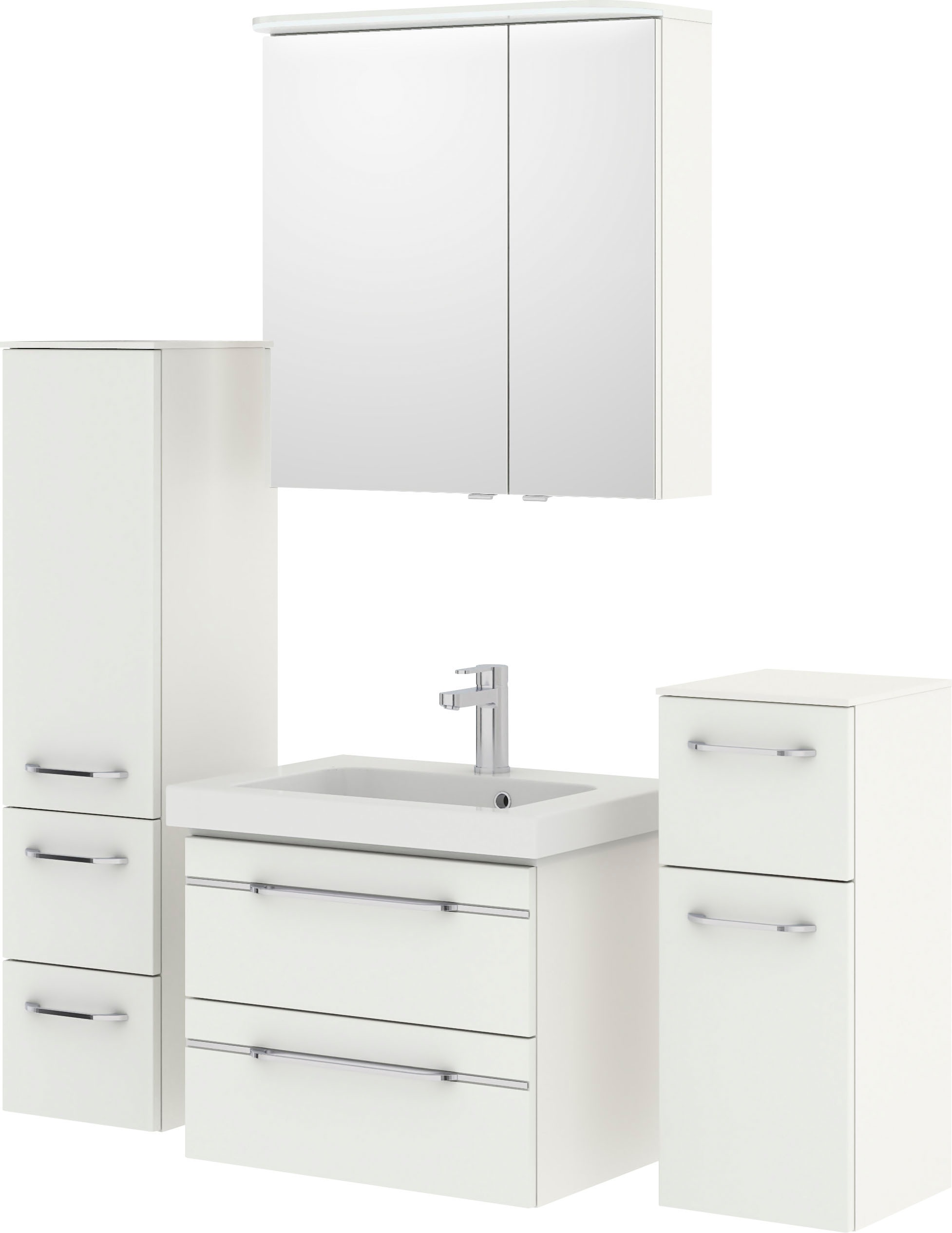 Saphir Badmöbel-Set »Balto Sprint 4-teilig, Mineralmarmor-Waschtisch mit LED-Spiegelschrank«, (5 St.), mit Unterschrank, Midischrank, inkl. Türdämpfer, 4 Türen, 5 Schubladen