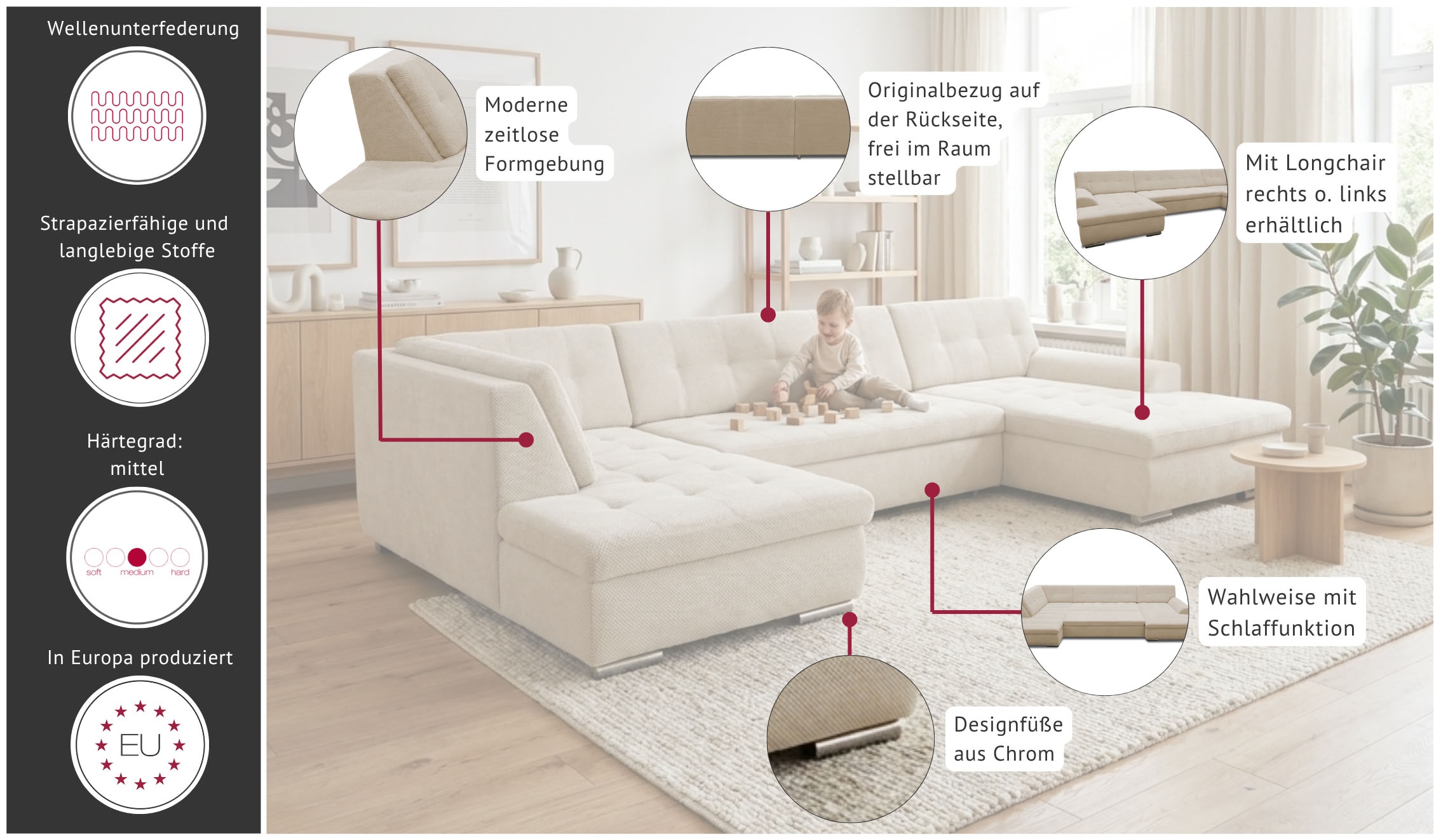 OTTO home Wohnlandschaft »Torrnby 360 x 201 cm, mit Steppungen, modern & stabil« U-Form, aus pflegeleichtem, weichem Luxus-Microfaser
