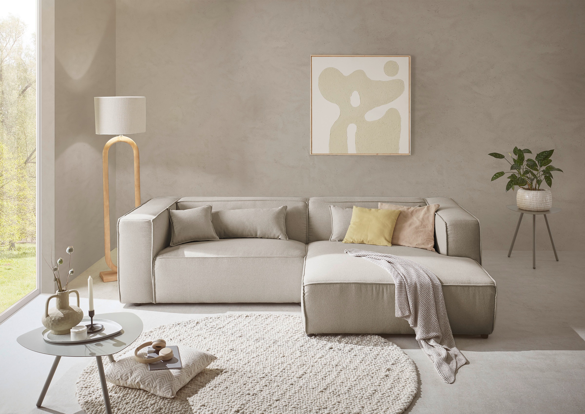 LeGer Home by Lena Gercke Ecksofa »PIARA mit Kedernaht in Cord oder Leinenoptik, moderne Couch in L-Form«, wahlweise Ottomane rechts/links, schwarze Füße, bequemer Sitzkomfort