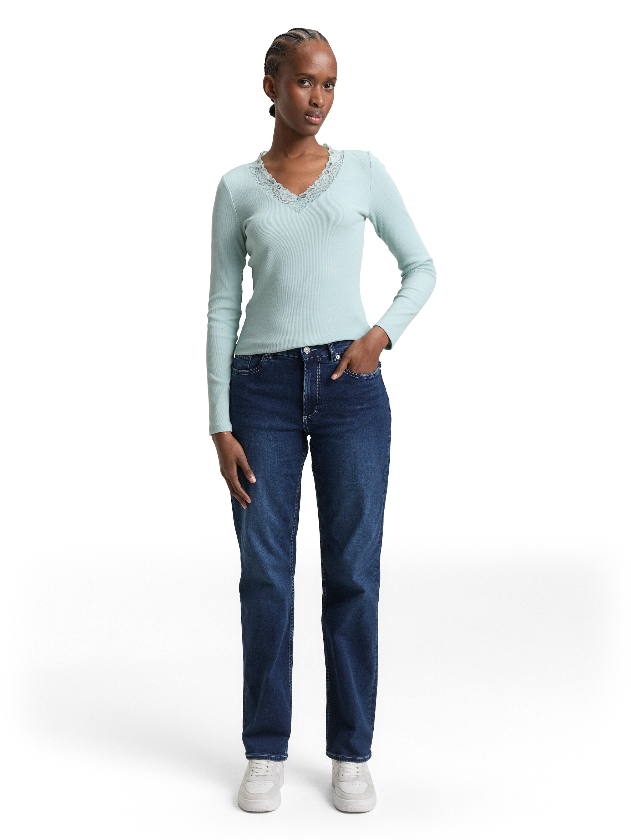 TOM TAILOR Denim Langarmshirt V-Ausschnitt mit Spitze