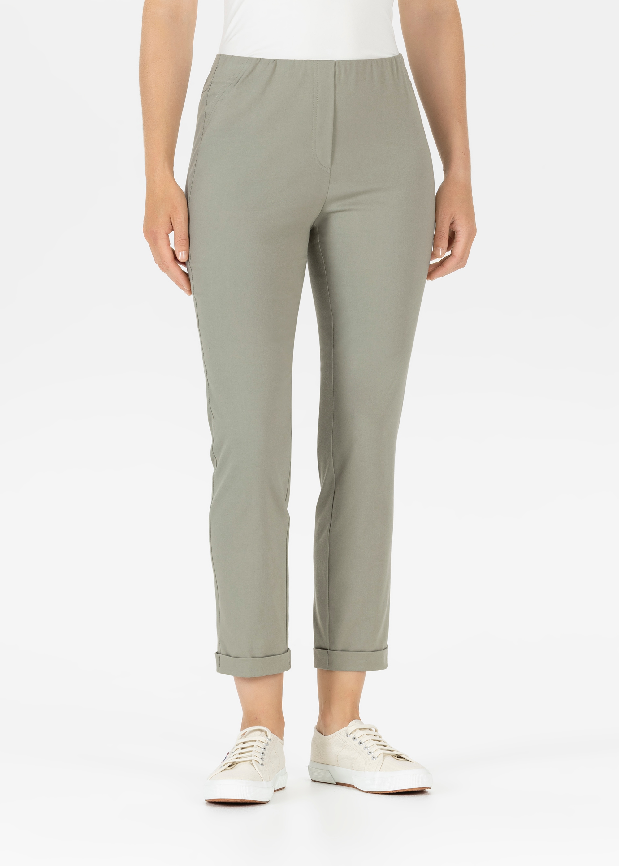 Stoffhose STEHMANN "Sylvia-680", Damen, Gr. 44, N-Gr, vetiver, Web, Obermaterial: 65% Baumwolle, 31% Polyamid, 4% Elasthan, unifarben, schmal 3/4-Länge, Hosen Stoffhose, 3/4-Hose mit schmalem Bein