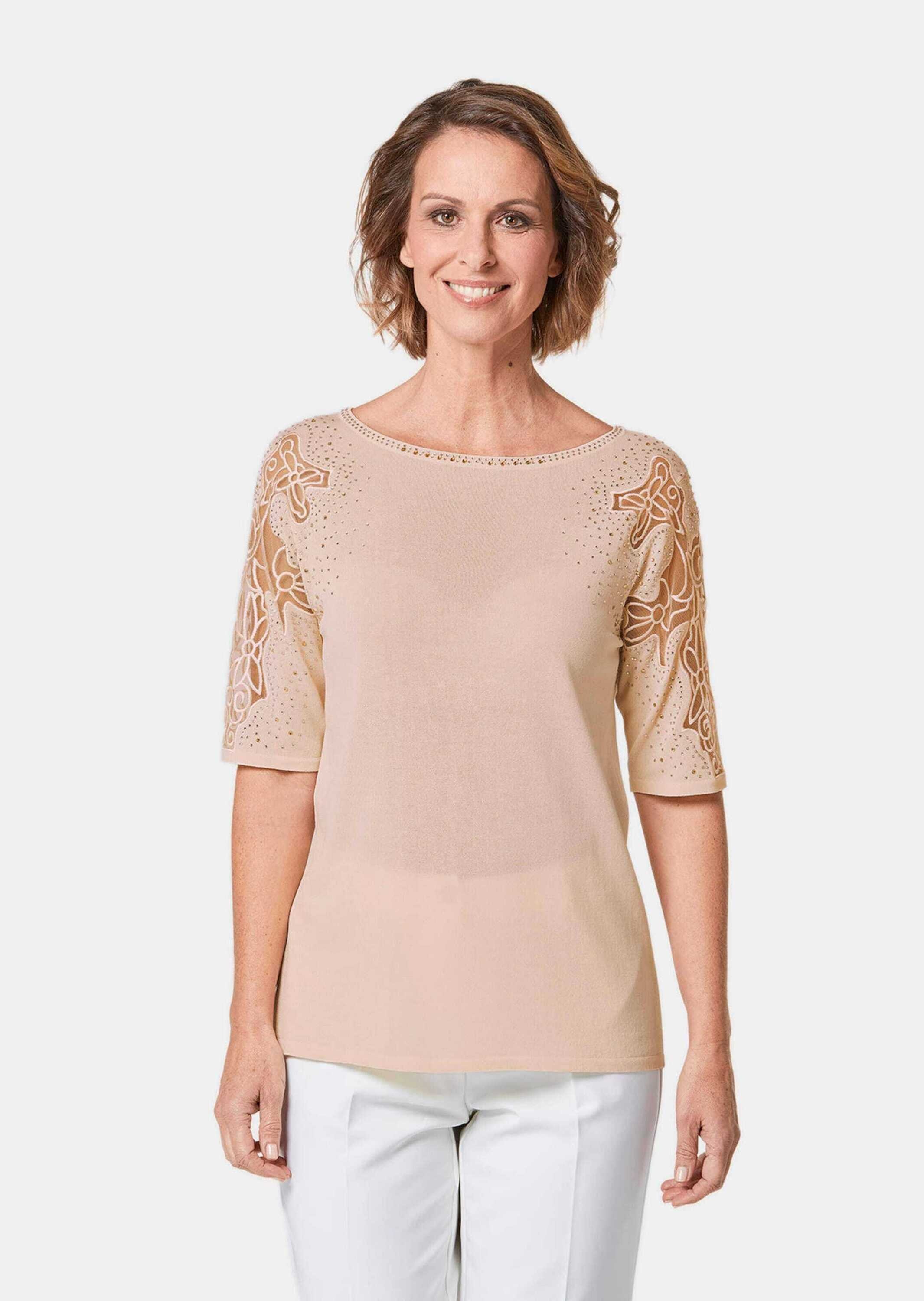 GOLDNER Rundhalspullover "Pullover mit Spitzeneinsätzen und Glanzsteinchen" günstig online kaufen