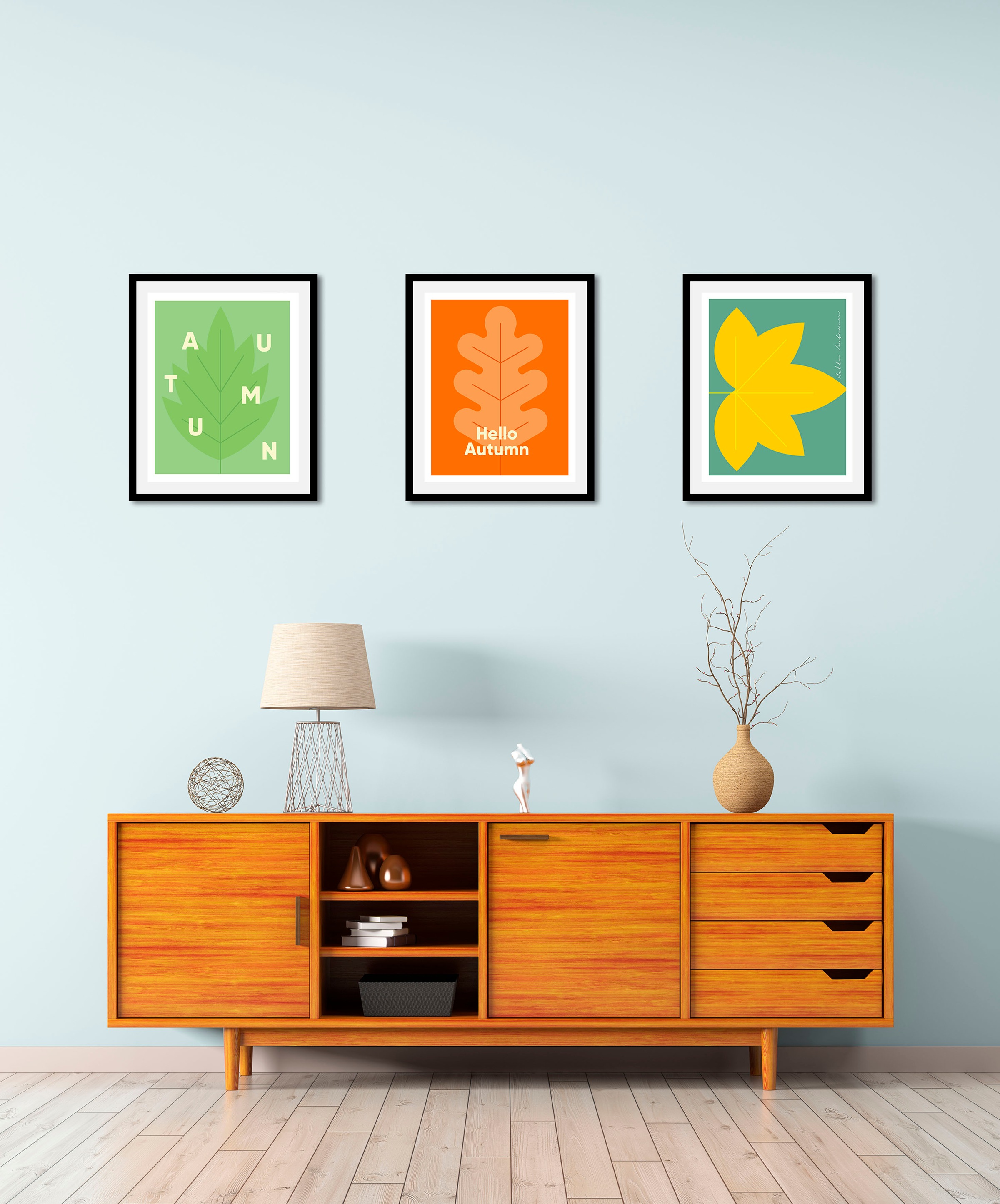 queence Bild »Herbst«, Abstrakt-Schriftzug-Schriftzüge-Pflanzen-Pflanzenbilder, (1 St.), HD Premium Poster-Druck inkl. Holzrahmen - 3er Set