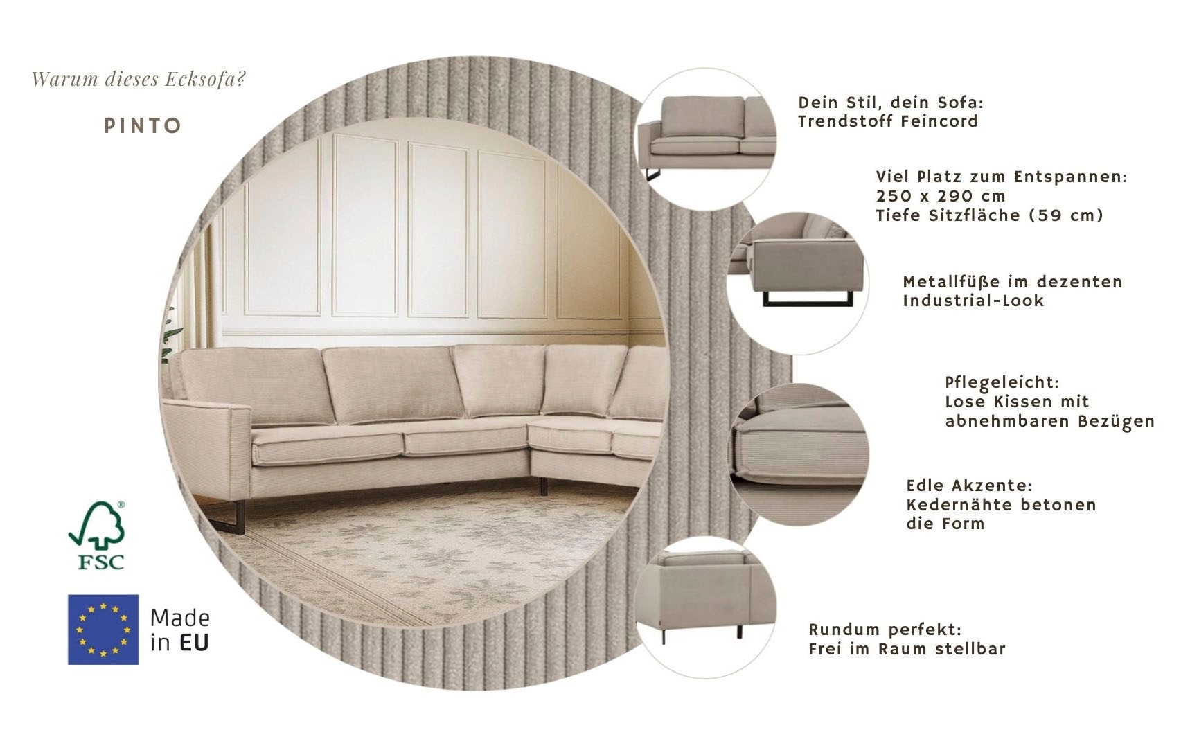 Home affaire Ecksofa »Pinto, XXL, 250/290 cm, langer Schenkel, Ottomane« Cord, Chenille, Lederoptik, mit Keder, Metallfüße, Wellenunterfederung