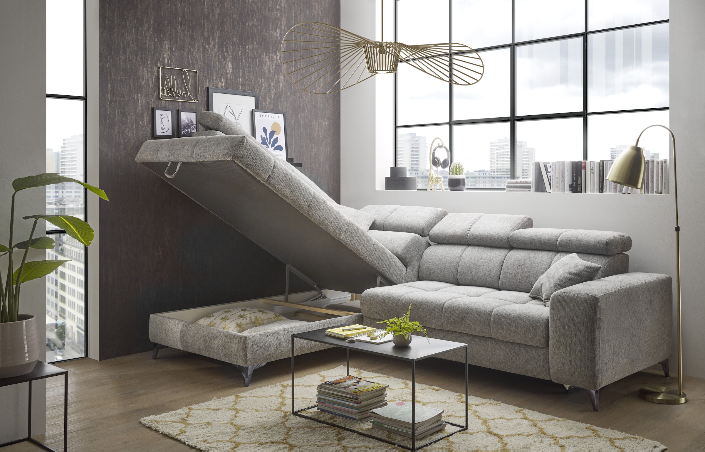 ED EXCITING DESIGN Ecksofa »Sydney L-Form«, mit Bettfunktion, Bettkasten, Kopfteilverstellung & 2 Zierkissen
