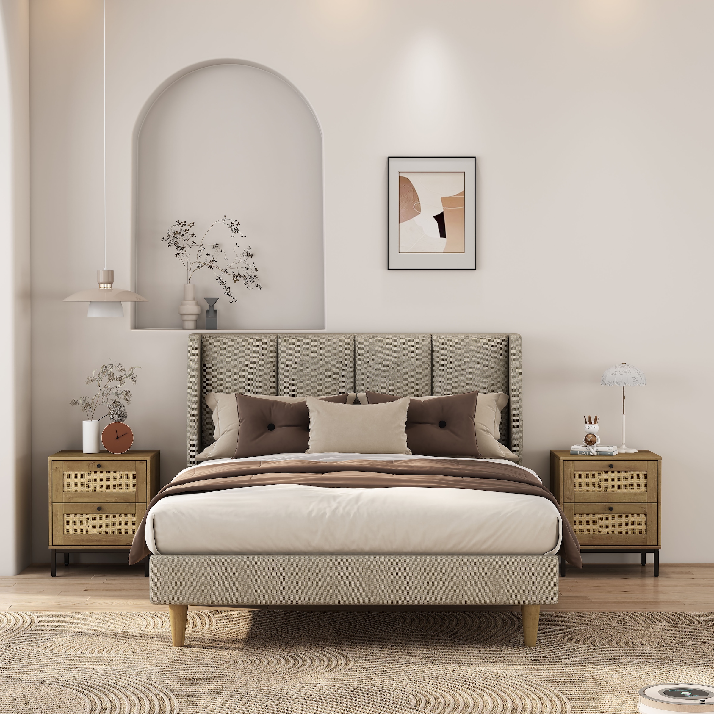 OTTO home Nachtkommode »Motala Nachtschrank Set BOHO Style mit Geflecht Schubladen Bestseller« Set, 2 Schränke im Set - Eichen-Design mit schwarzen Griffen, 