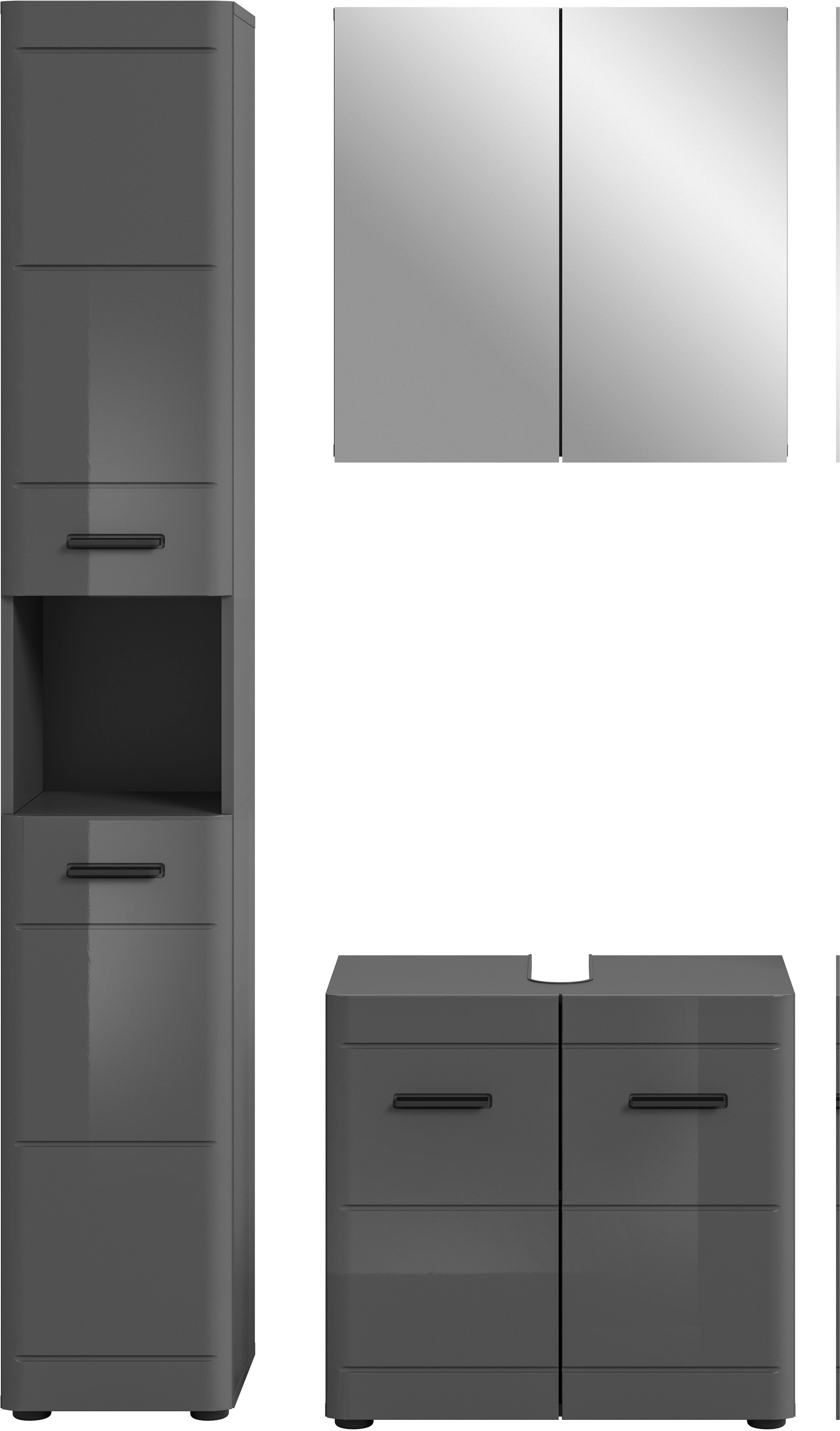 welltime Badmöbel-Set »Doux, bestehend aus: Hochschrank, Waschbeckenunterschrank,«, (3 St.), Spiegelschrank, hochwertige hochglanz MDF Front mit Rillenfräsung