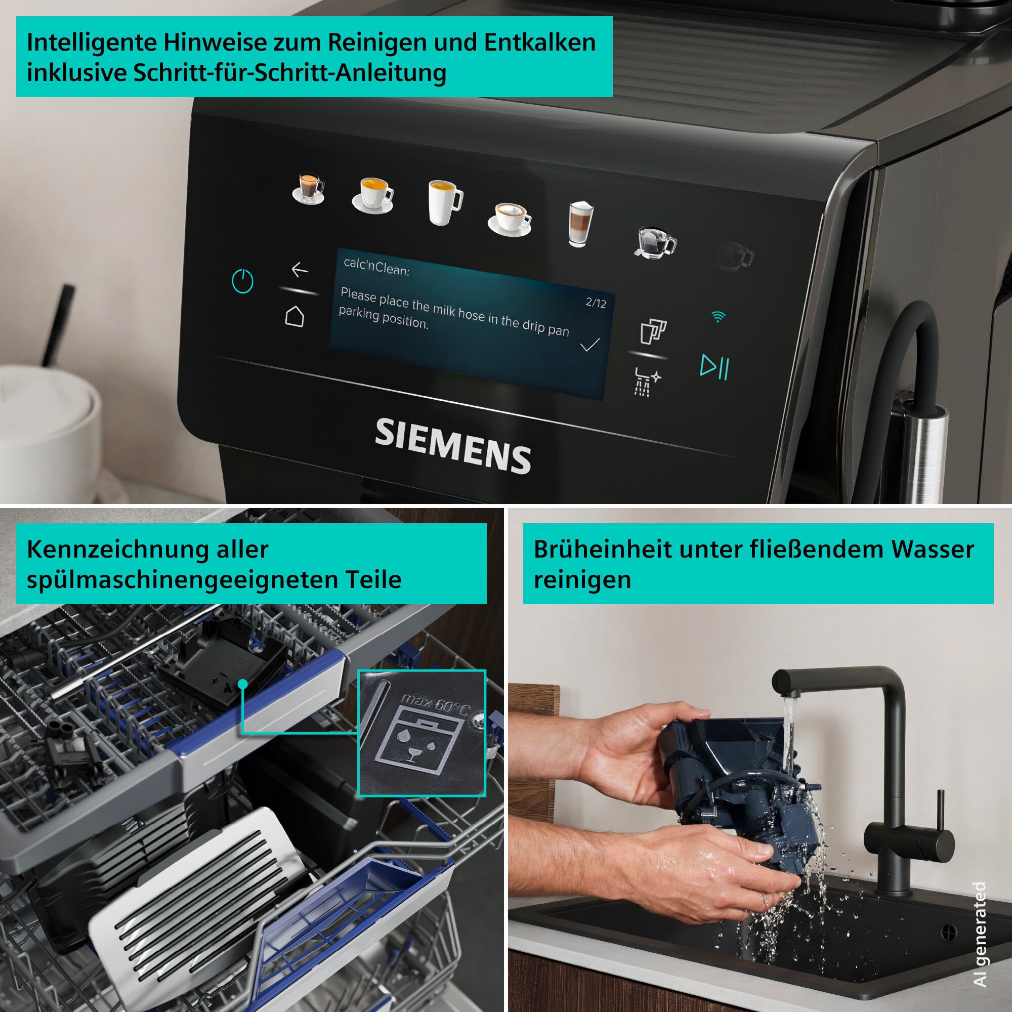 SIEMENS Kaffeevollautomat »EQ600 TP601E09, 6 Getränke, XL-Getränke, bis zu 480ml, Kannenfunktion« Doppeltassenfunktion,Keramikmahlwerk, entnehmbare Brüheinheit, Schwarz