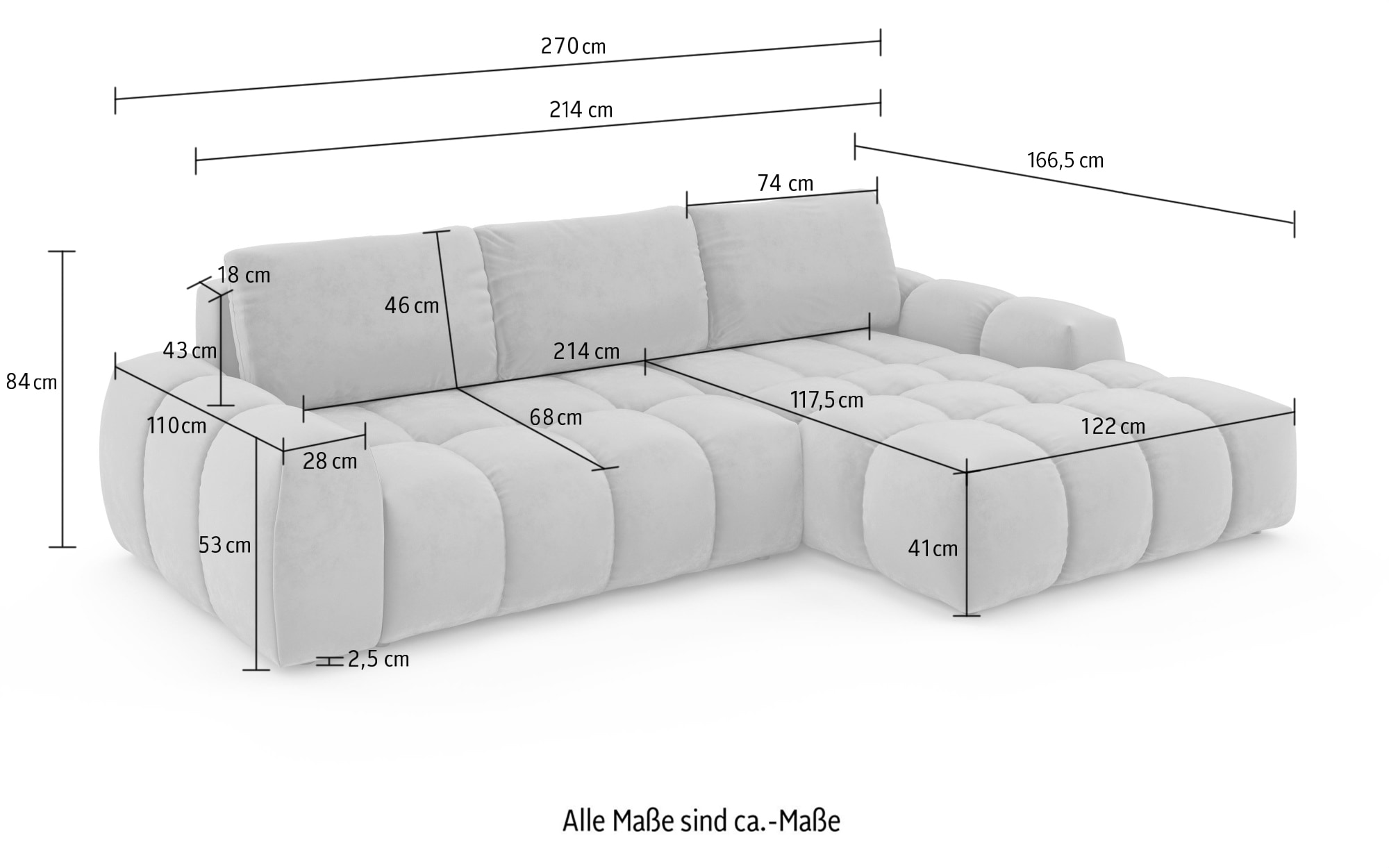 INOSIGN Ecksofa »AZITA klein optionale Schlafsofa mit Bettkasten, B/T/H: 270/166,5/84cm« L-Form mit Wellenunterfederung, Bubble-Optik
