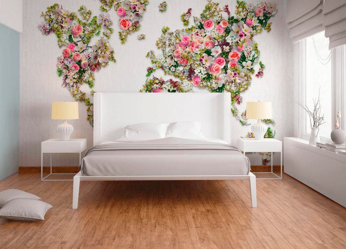 living walls Vliestapete »Weltkarte aus Rosen Vlies«, Blumige Fototapete Landkarte Floral 4,00m x 2,70m Weiß Grün Rosa