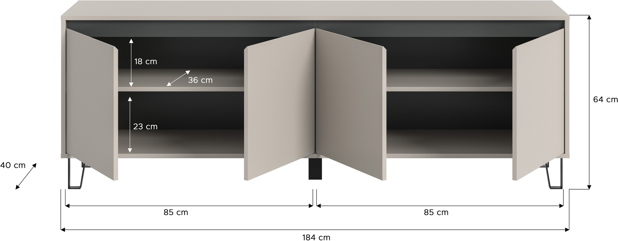 Home affaire Lowboard »BALTIC, Breite 184cm, grifflose Fronten, Metall-Füße,4 Türen, 4 Fächer« TV-Möbel, TV-Schrank, TV-Lowboard, Mediaboard