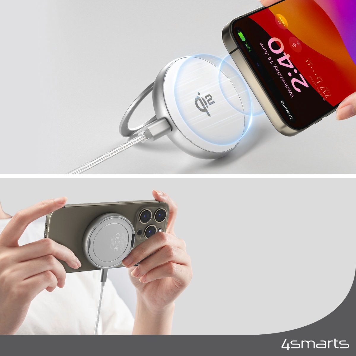 4smarts Wireless Charger »Qi2 Charger Kickstand«, geeignet für Apple iPhone/iPad, Samsung Galaxy, Google Pixel