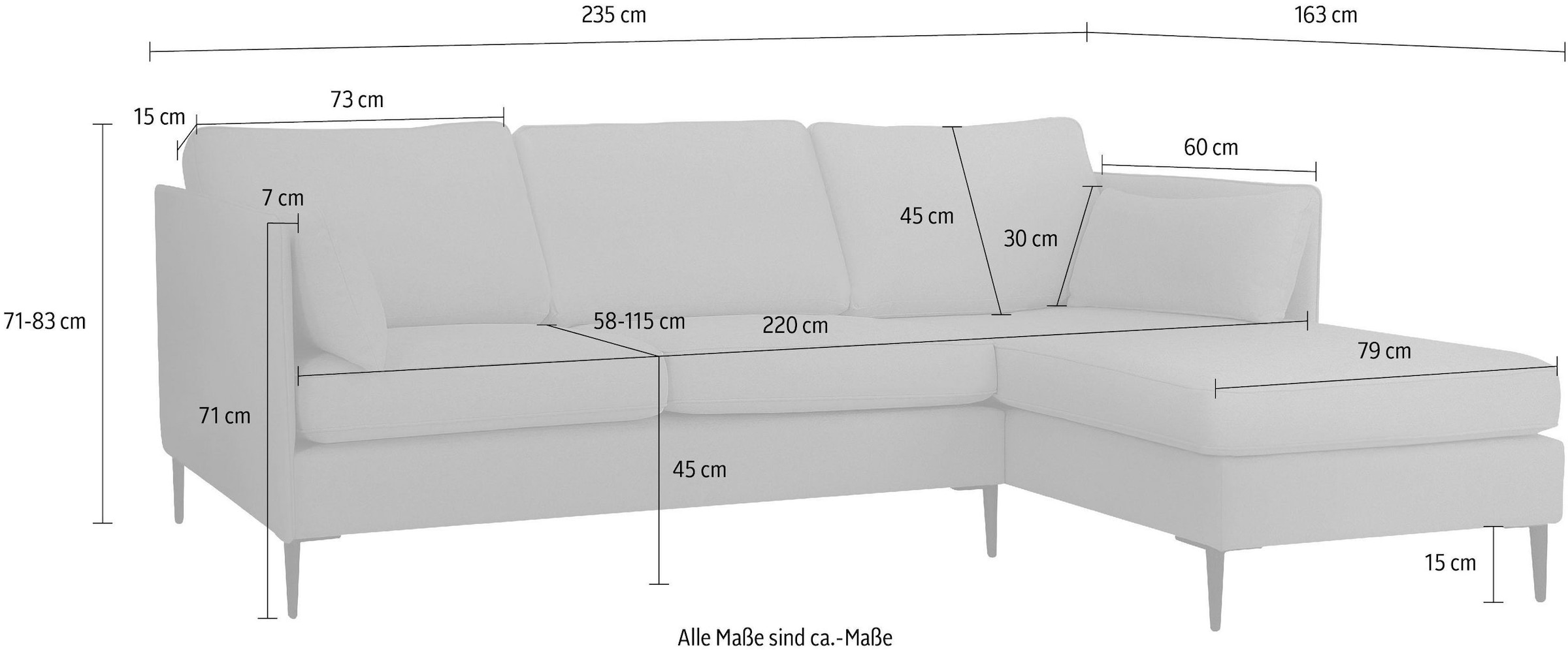 Leonique Ecksofa »Light L-Form«, inklusive loser Zierkissen, mit schmalen Armlehnen und Teleskopfüßen