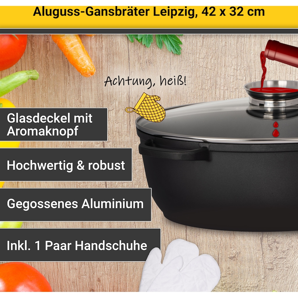 Krüger Bräter »Aluguss Gansbräter mit Glasdeckel und Aromaknopf LEIPZIG, 42x32x14 cm«, Aluminiumguss, (1 tlg.)