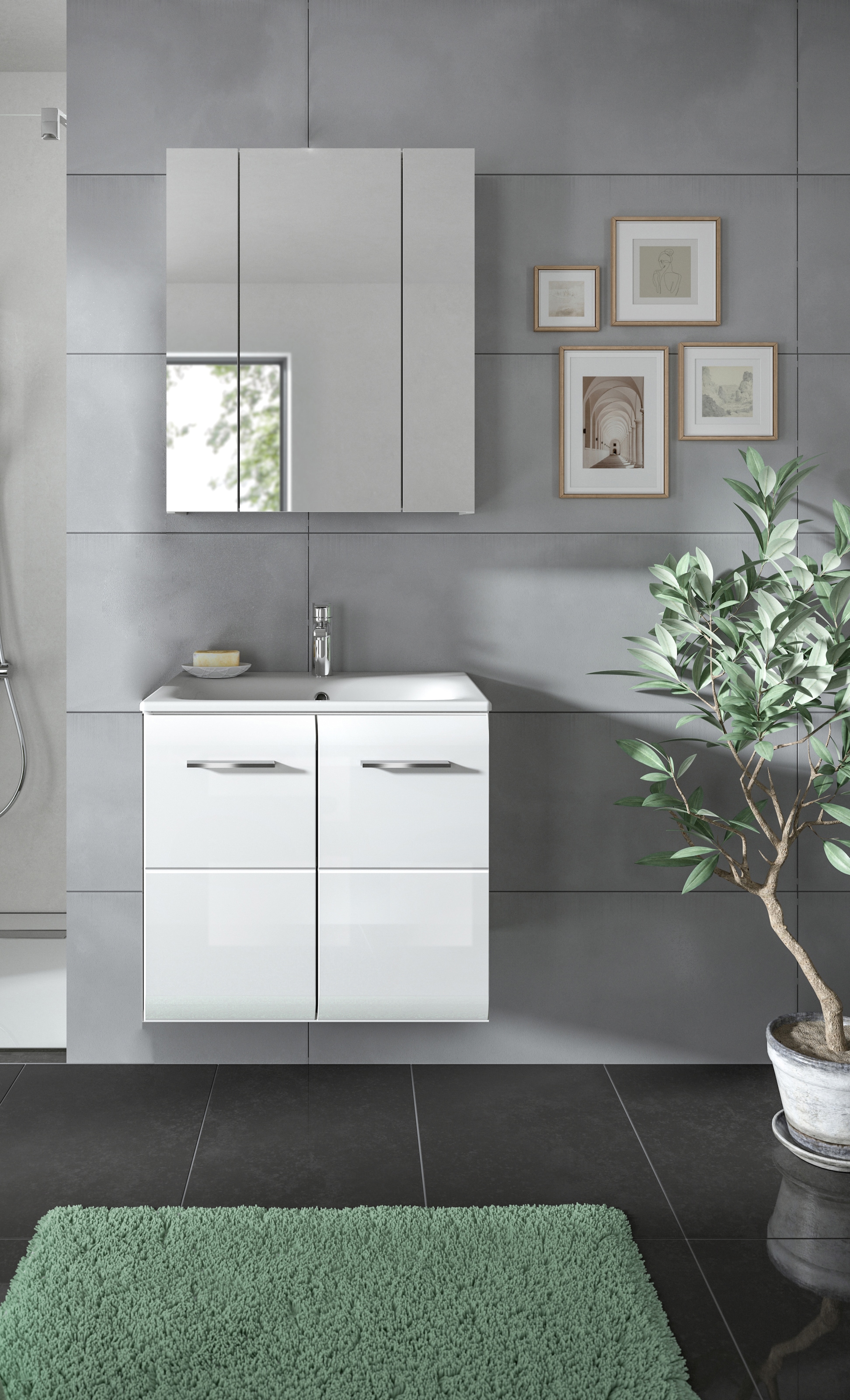 INOSIGN Badezimmer-Set, (Set, 3 St.), Florenz, Badkombination 3-tlg., Weiß Hochglanz, inkl. Waschbecken