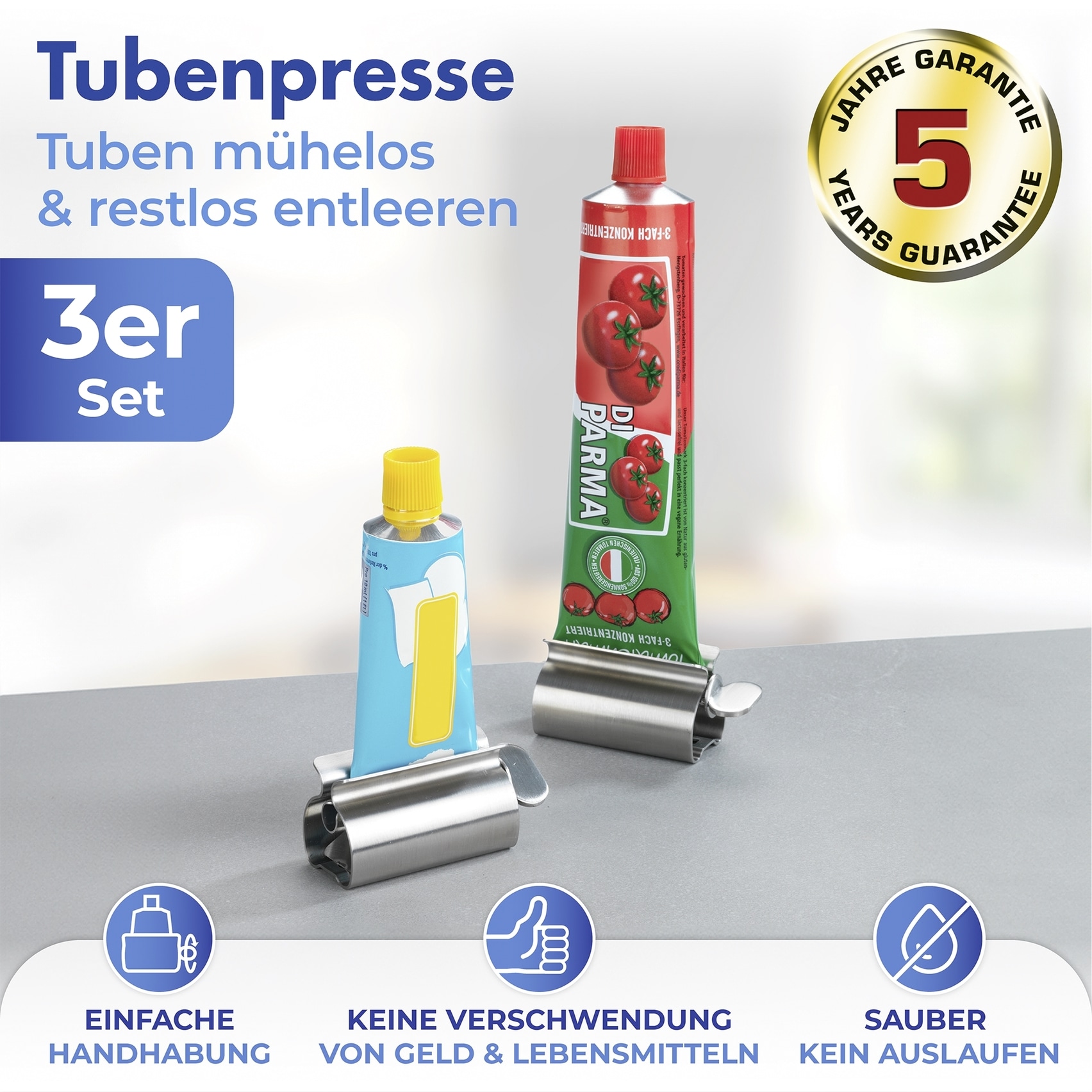 Maximex Tubenquetscher »Tubenpresse EDELSTAHL«, (Set, 3 St.), mit Stehfunktion, für Zahnpasta-, Creme- & Lebensmitteltuben