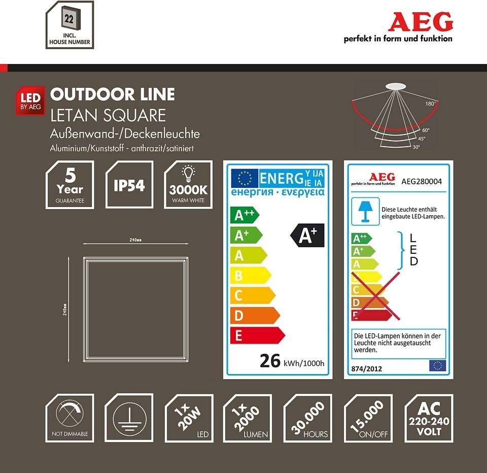 AEG LED Außen-Wandleuchte »LETAN«, 1 flammig, Leuchtmittel LED-Modul | LED fest integriert, 24 x 24 cm, Haustürbeleuchtung, Aluminium/Kunststoff, anthrazit/weiß