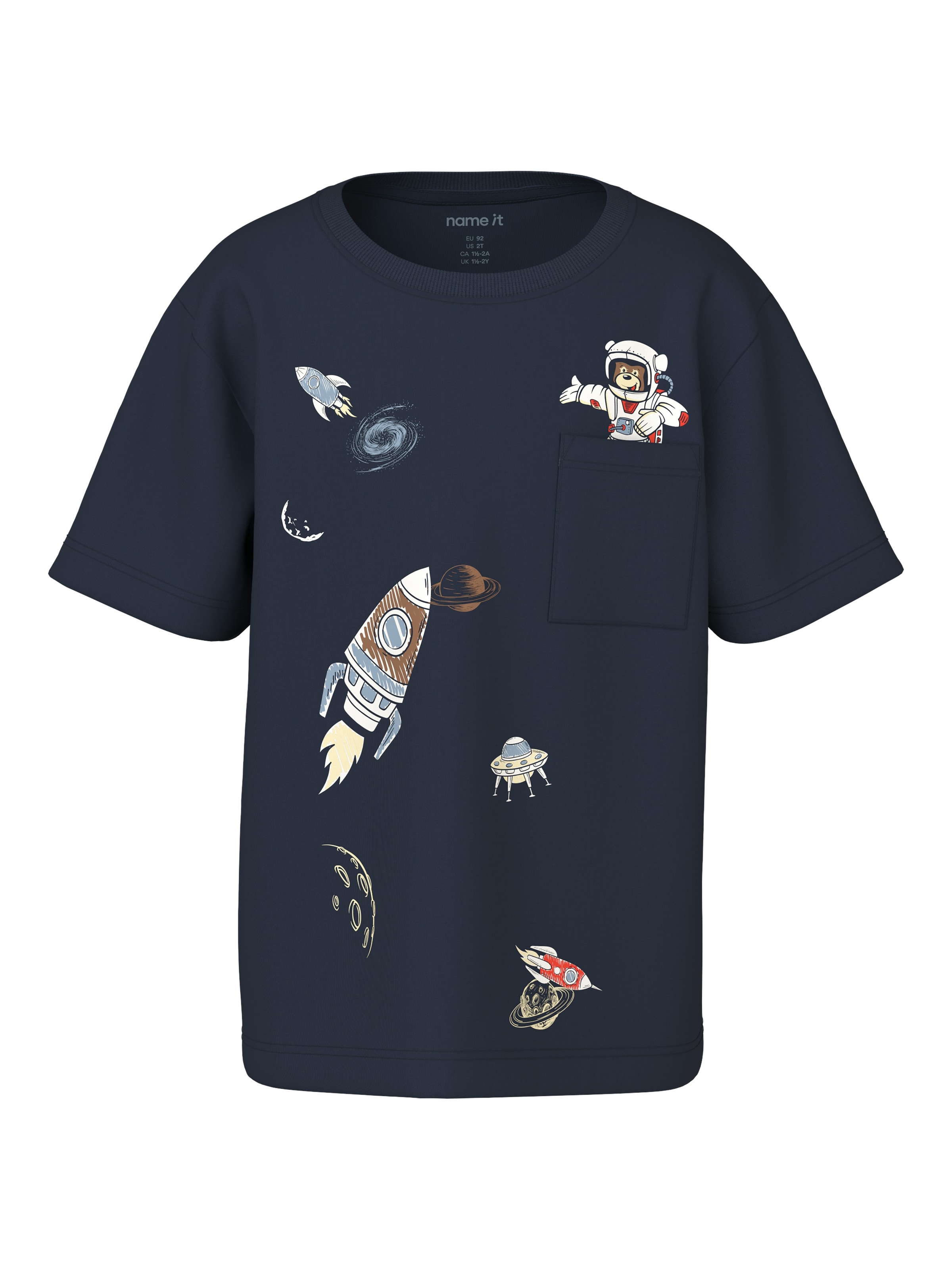 T-Shirt NAME IT "NMMVILIAN SS NREG TOP", Jungen, Gr. 122/128, navy blazer print:space bear, Jersey, Obermaterial: 100% Baumwolle, bedruckt, unifarben, normal normal, Rundhals, Shirts T-Shirt