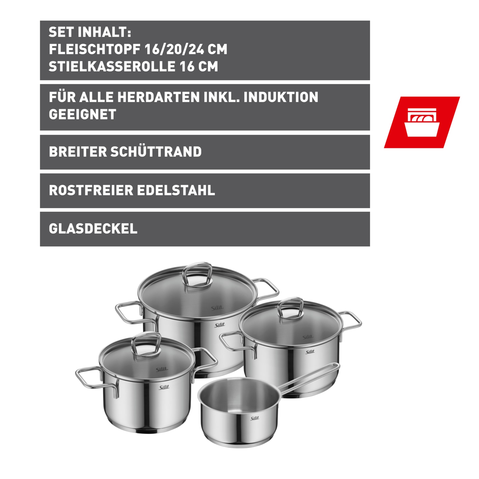 Silit Topf-Set »Alicante«, Edelstahl 18/10, (Set, 7 tlg.), Silitherm-Allherdboden, induktionsgeeignet, spülmaschinengeeignet