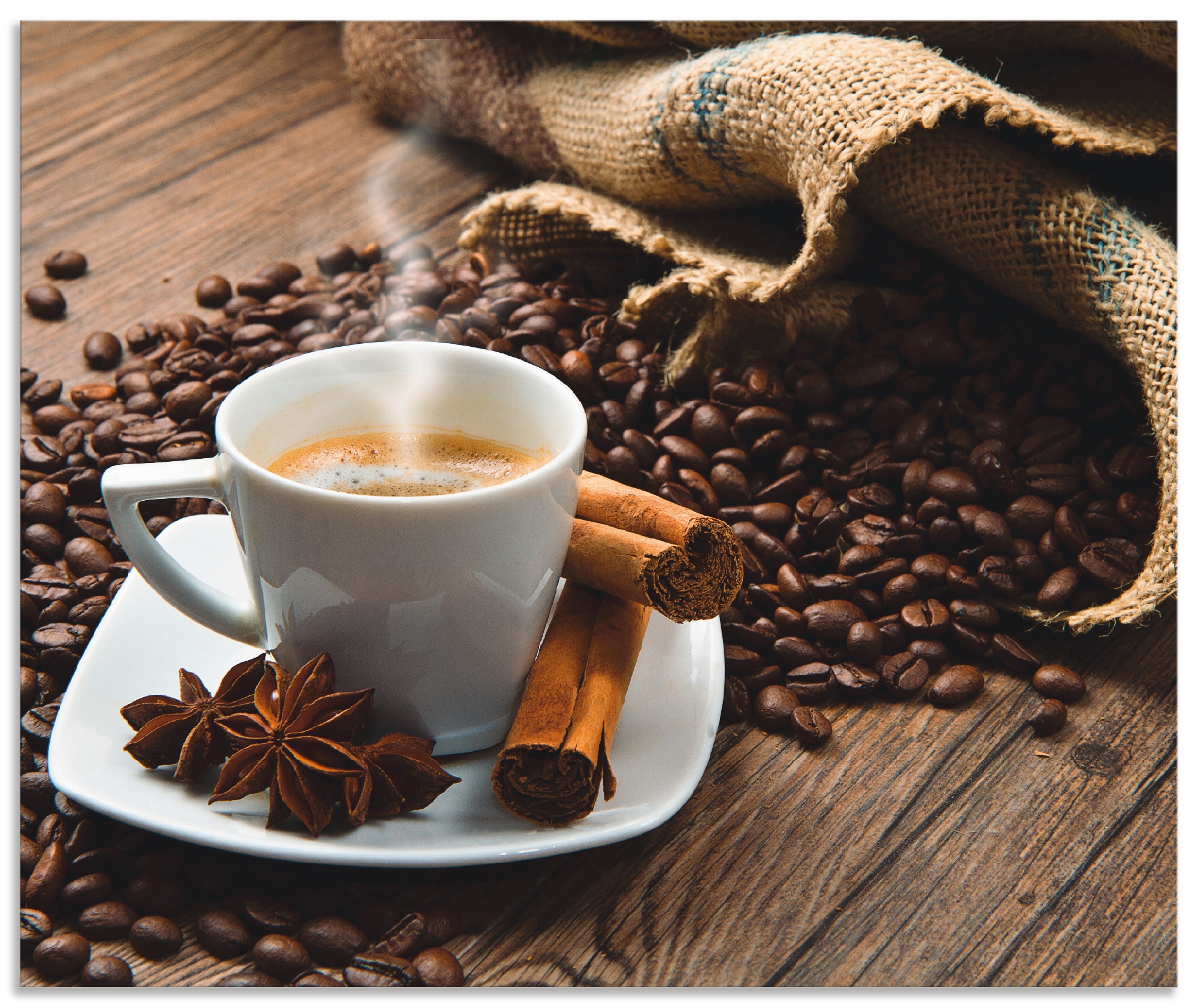 Artland Küchenrückwand "Kaffeetasse Leinensack mit Kaffeebohnen", (1 tlg.), Alu Spritzschutz mit Klebeband, einfache Mon