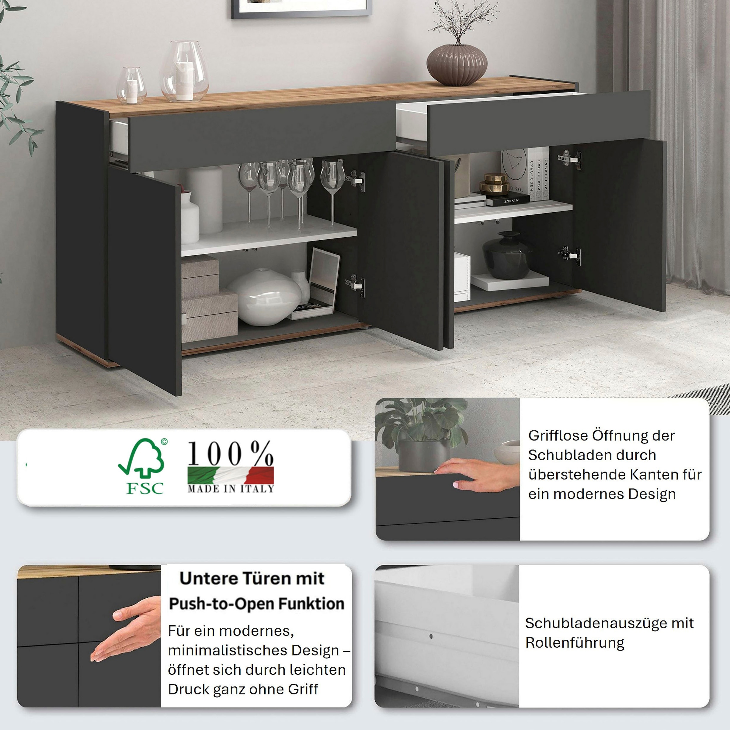 INOSIGN Sideboard »Garda Kommode, Schrank, 4 Türen mit Push-to-Open, Made in Italy« 4 Türen, 2 Schubladen, grifflos  Breite 160,1 cm, anthrazit/eiche matt